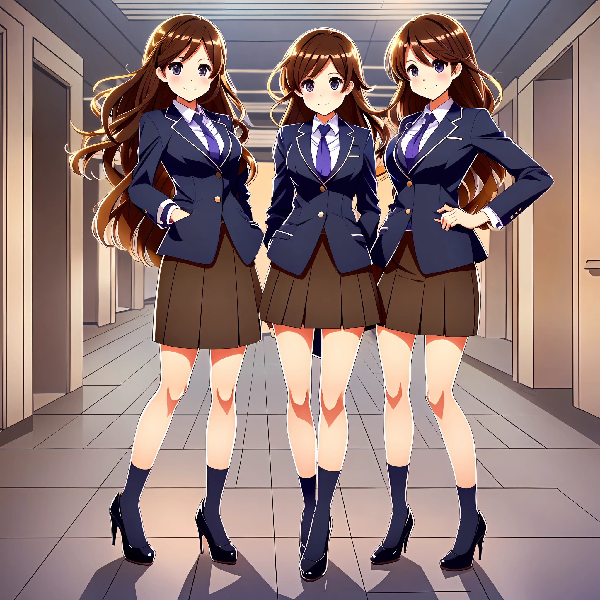 perfect anime illustration, brown hair, wavy hair, hazel eyes, 1girl, smiling, blue skirt suit, blue knee length pencil skirt, black high heels, businesswoman, highres, full body, thousands of girls, identical sisters, matching outfits, matching hairstyles, matching faces, group photo