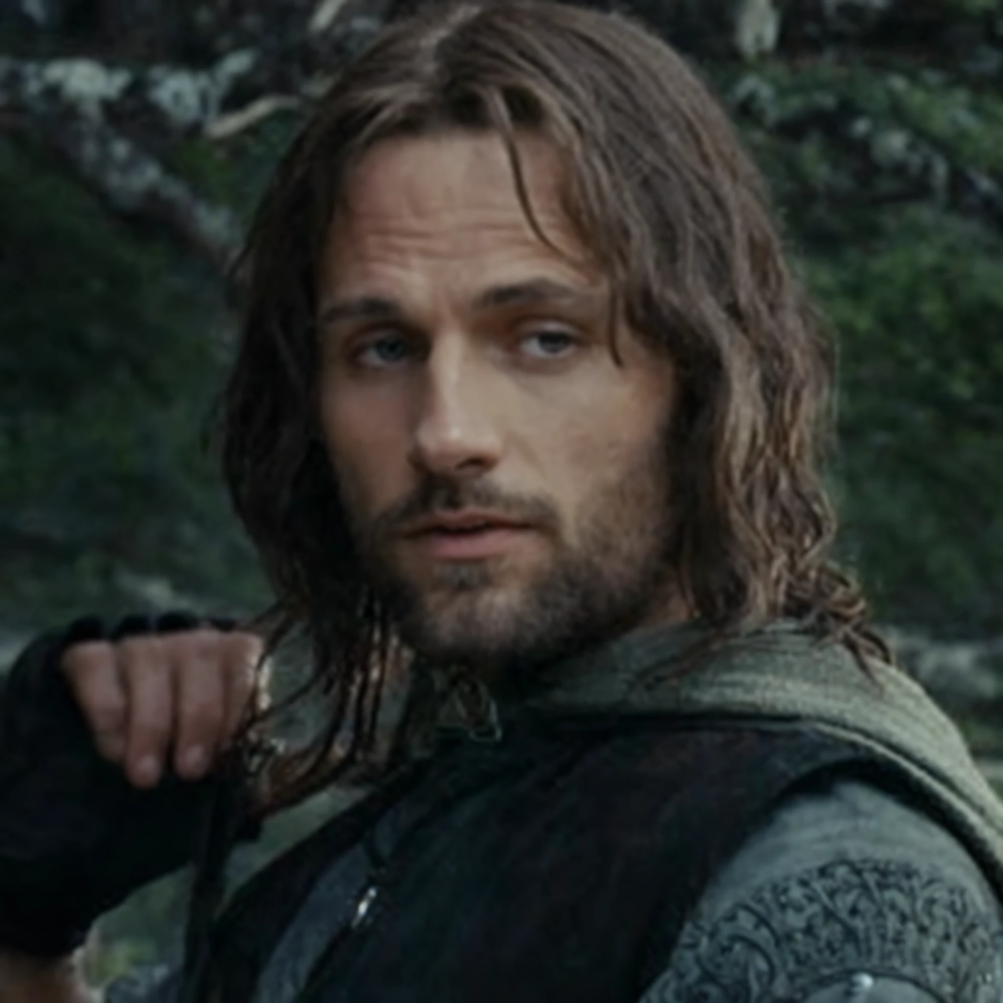 A man with long hair and beard in a black vest, Aragorn, Aragorn with medieval armor, Lord of the Rings, inspired Lord of the Rings, Lord of the Rings style, Lord of the Rings style, Lord of the Rings, Lord of the Rings, Lord of the Rings, Aragorn in an anime world, Aragorn medieval armor, GTA San Andreas style.