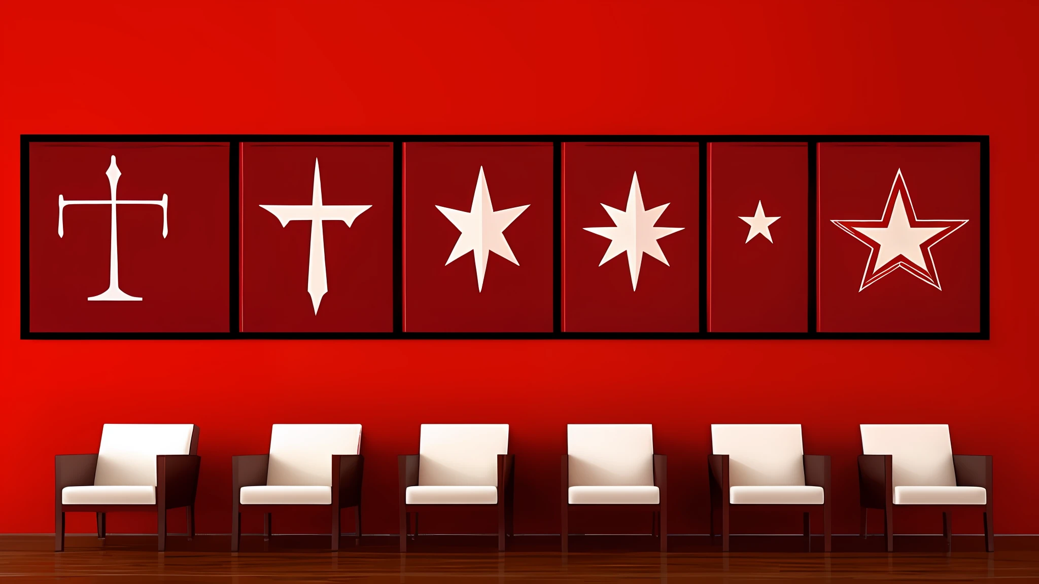 Recreate a panel that represents communism using red colors by placing the symbols of communism = sickle, hammer, and star on the panel