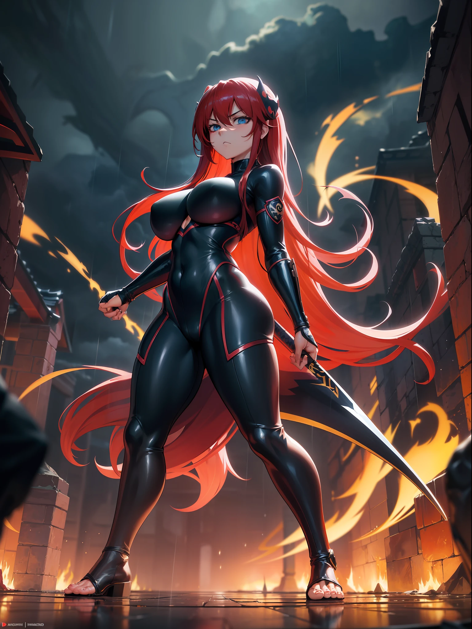 (full body photo, standing, feet on the ground), Sara has large breasts, (black with golden parts/ninja costume/mini capus on the head/extremely tight on the body/ninja mask on the face, ninja emblem on the breast), tattoos on the body, blood on the clothing, ninja weapons, closed fists, in battle position, is in a macabre temple at night raining hard with clouds in the sky and thunder,  her hair and clothes are soaked, she has ((long red hair, blue eyes)), ninja weapons, anime, reflection light, 16k, best quality, high details, anatomically correct, UHD, masterpiece, ccurate