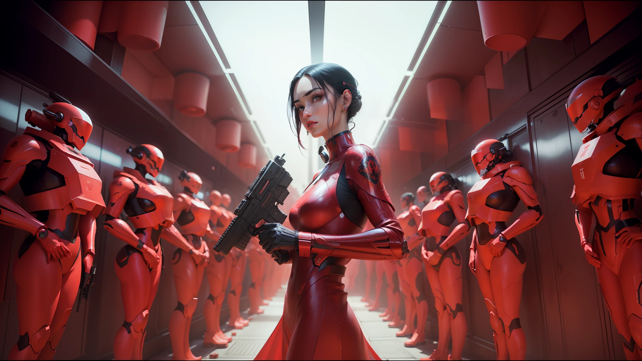 there is a woman in a red dress holding a gun, ash thorp, grim vibrance orientalism, hyperrealistic symmetrical 8k, # sci - fi, female actress from korea, panoramic anamorphic, love death and robots, symmetrical!! sci-fi, gloss, inspired by George Tooker --ar 16:9 --auto --s2