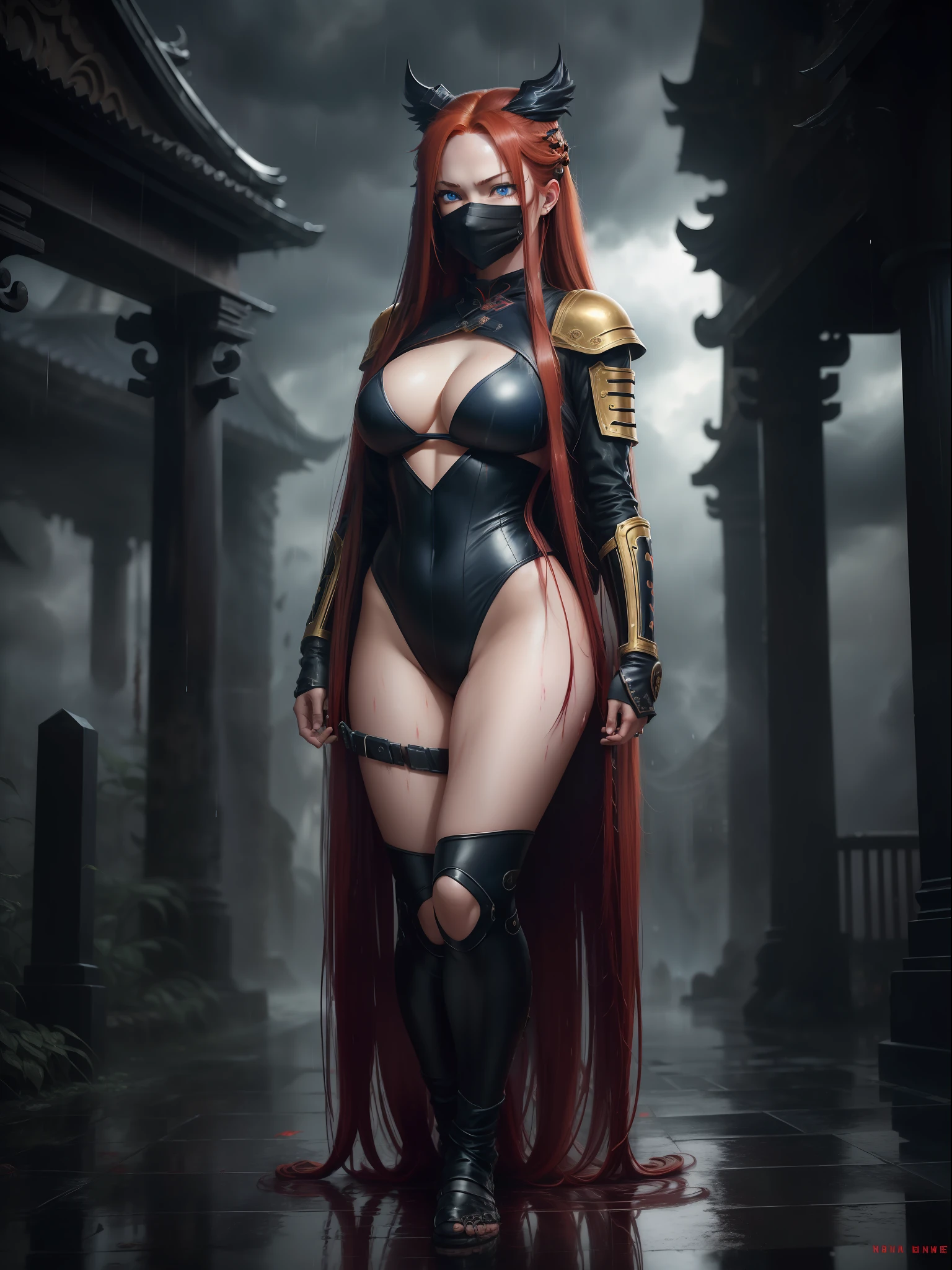 (full body photo, standing, feet on the ground), Sara has large breasts, (black with golden parts/ninja costume/mini capus on the head/extremely tight on the body/ninja mask on the face, ninja emblem on the breast), tattoos on the body, blood on the clothing, ninja weapons, closed fists, in battle position, is in a macabre temple at night raining hard with clouds in the sky and thunder, her hair and clothes are soaked, she has ((long red hair, blue eyes)), ninja weapons, anime, reflection light, 16k, best quality, high details, anatomically correct, UHD, masterpiece, ccurate