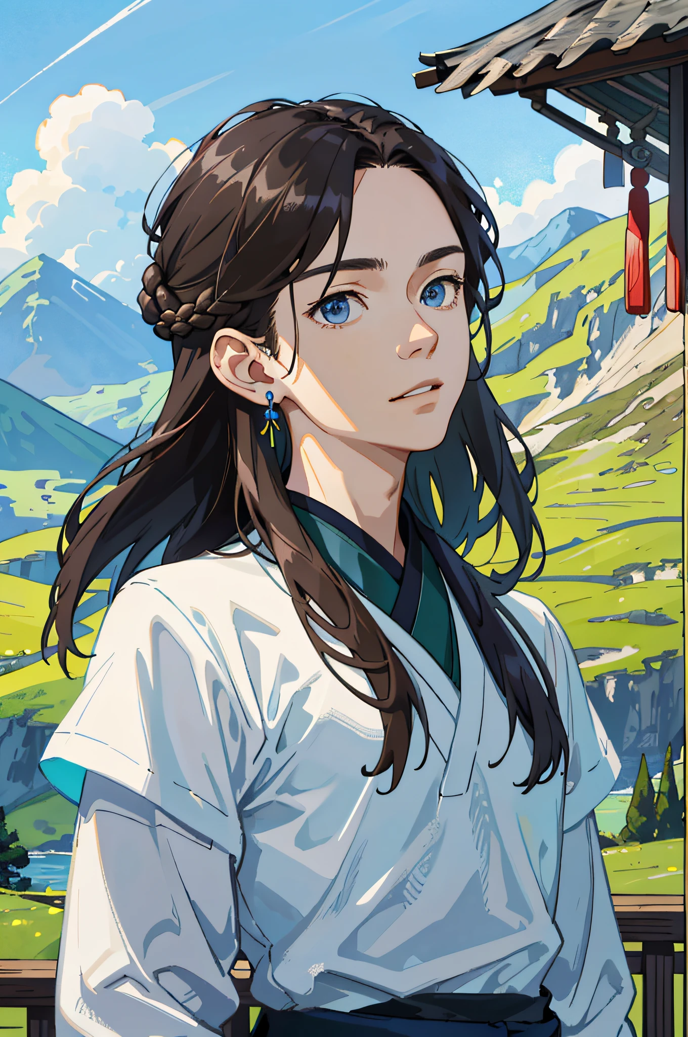 Masterpiece, Excellent, Solo, Adult, Delicate Eyes and Delicate Face, Intricate Details, Upper Body: 1.2, Scenic Far Mountains, Willows, Clouds, Lively Atmosphere, Country Background, Ancient Chinese Clothing, Brunette Hair, Blue Eyes, ((Long hair Ear, adult, mature,, Handsome, Country Background, Day,, Summer, Depth of Field, Very Detailed Face, Fantasy, Mythology,, abs