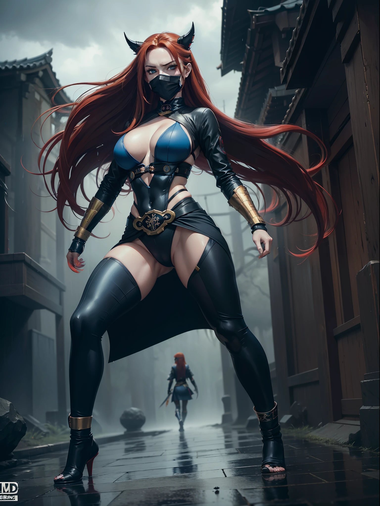(full body photo, standing, feet on the ground), Sara has large breasts, (black with golden parts/ninja costume/mini capus on the head/extremely tight on the body/ninja mask on the face, ninja emblem on the breast), tattoos on the body, blood on the clothing, ninja weapons, closed fists, in battle position, is in a macabre temple at night raining hard with clouds in the sky and thunder, her hair and clothes are soaked, she has ((long red hair, blue eyes)), ninja weapons, anime, reflection light, 16k, best quality, high details, anatomically correct, UHD, masterpiece, ccurate