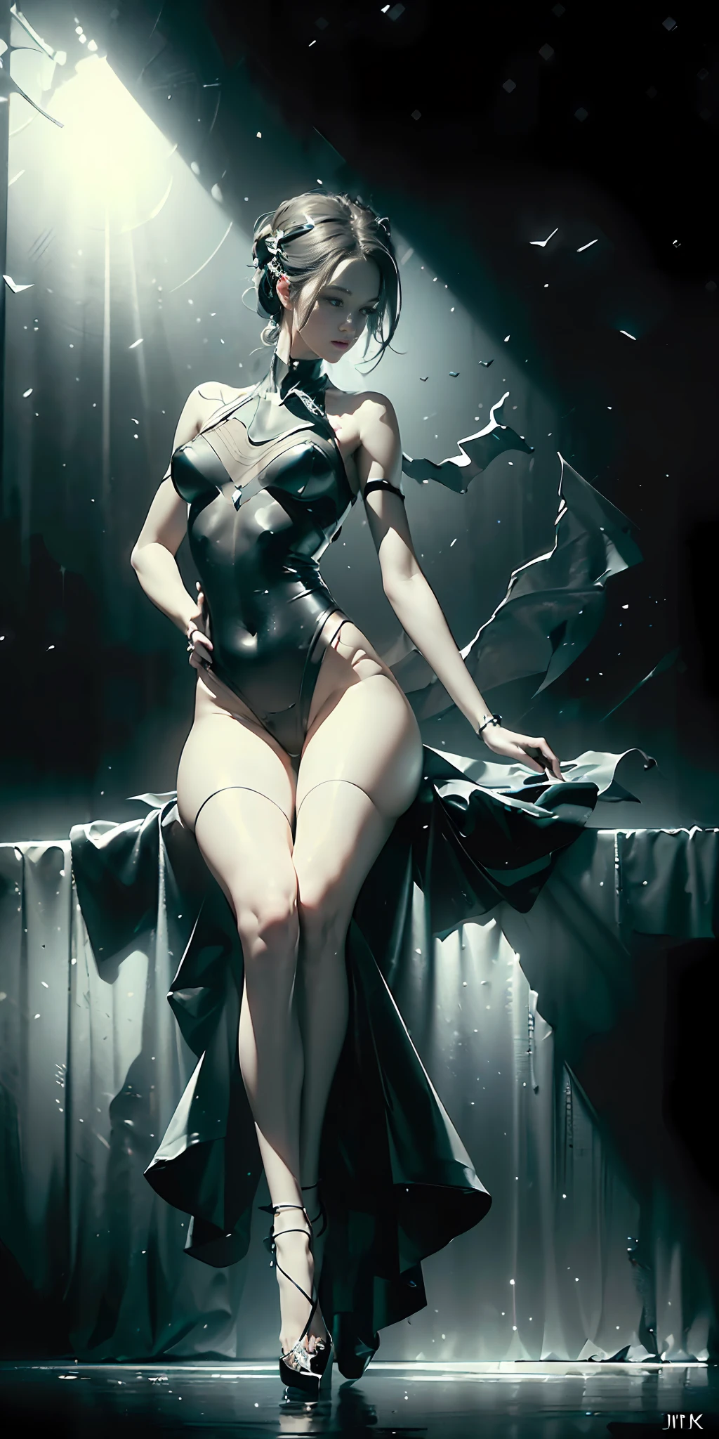 (full body:1.3),(from side:1.2),1girl, Solo, Black Background, Clean Background, clavicle, Dark,pov,dynamic angle,1girl, (((masterpiece))), (((best quality))), ((ultra-detailed)), (illustration), (detailed light),((an extremely delicate and beautiful)),dramatic_shadow,ray_tracing,reflection,