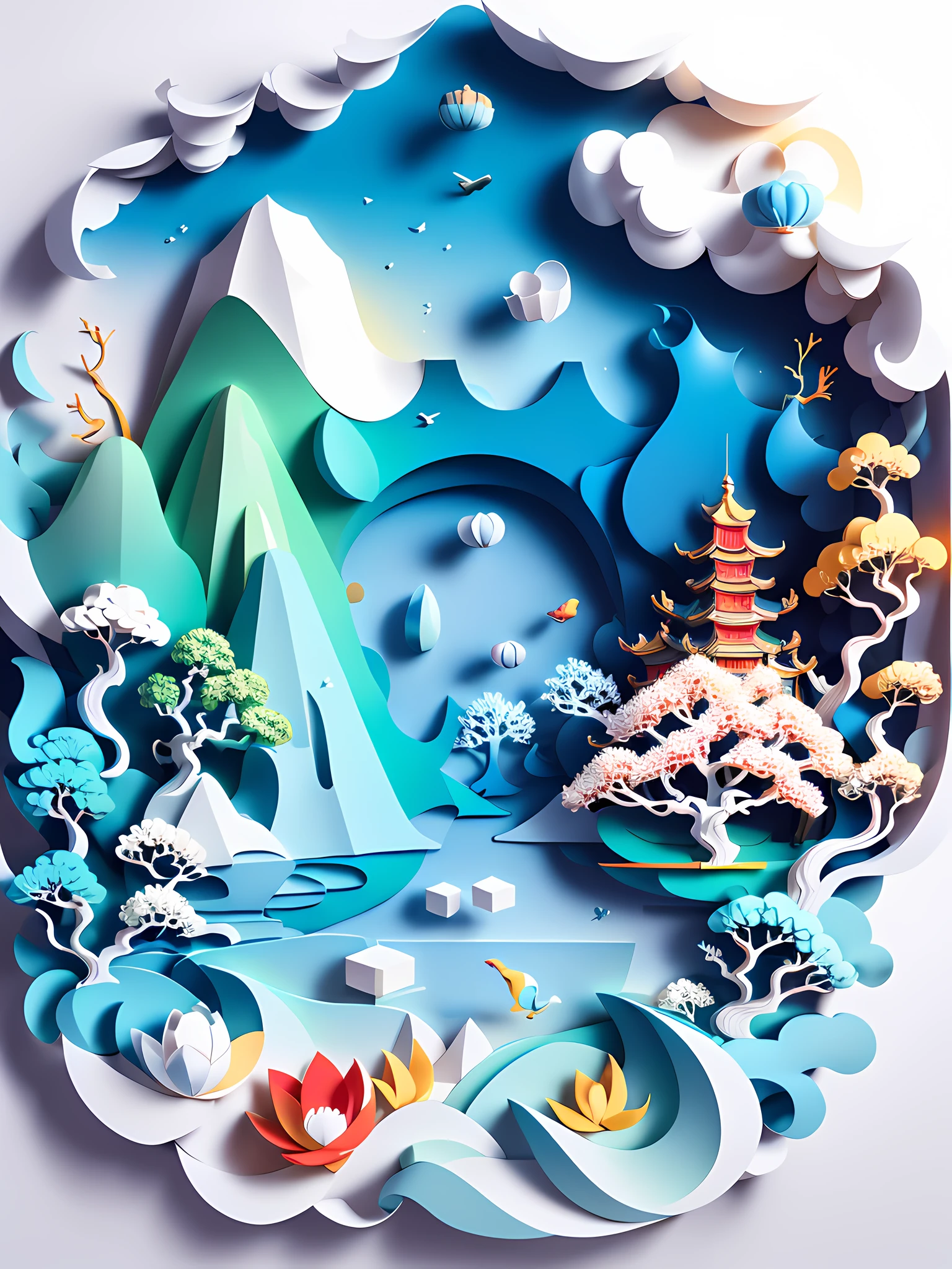 Traditional Chinese landscape painting, paper creation, 3D stereoscopic rendering, color gradient from white to light blue, 4K resolution, simple and natural composition, :white background, fresh and vulgar style. (:nature:)