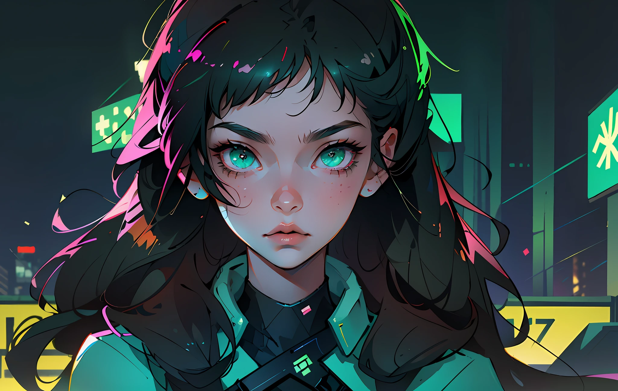 (Best Quality, Masterpiece1.2), (Detailed Eye:1.2), Complex Detail, Depth of Field, 1girl, city, cyberpunk, neon, neon lights, night, moon, green eyes and dark hair, full-length, looks at the viewer, beautiful cyber girl