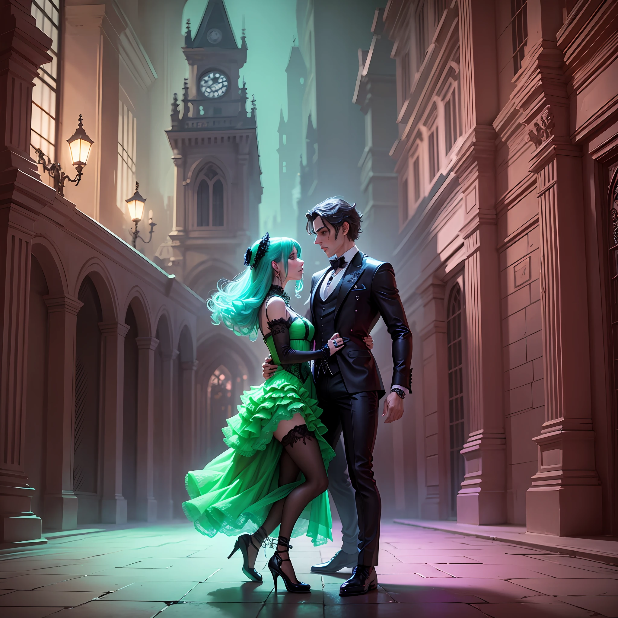 (high quality),(neon) Couple dancing in a gothic setting --auto --s2