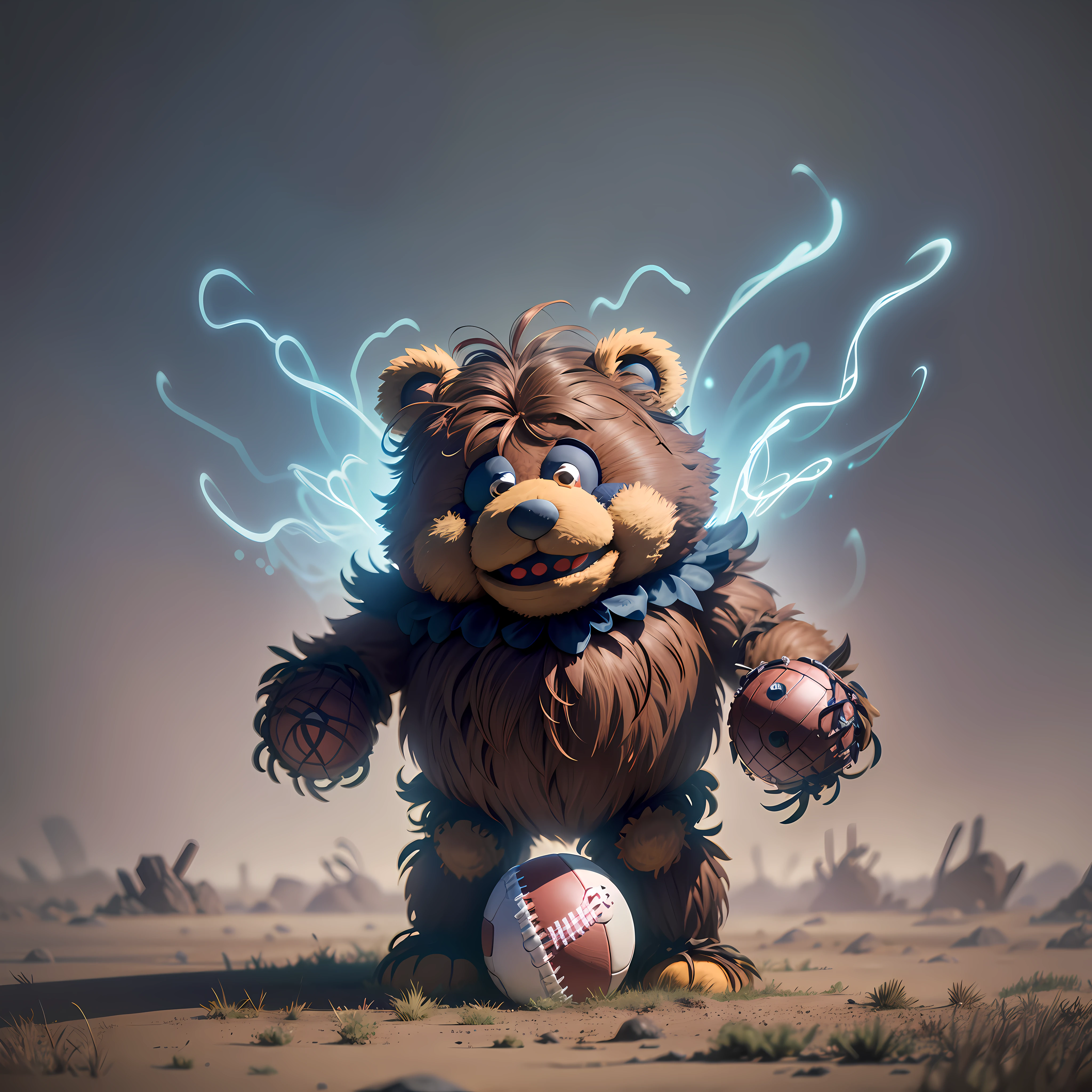 Fozzie Bear muppet character catching a football, machine like, Neuro mechanical, Perlin Noise, LSD, Fantasywave, Intimate lighting, Gothcore, Havencore, Promotional image cover art, Wallpaper cover art, 50mm lens, CryEngine, realisim, realisim