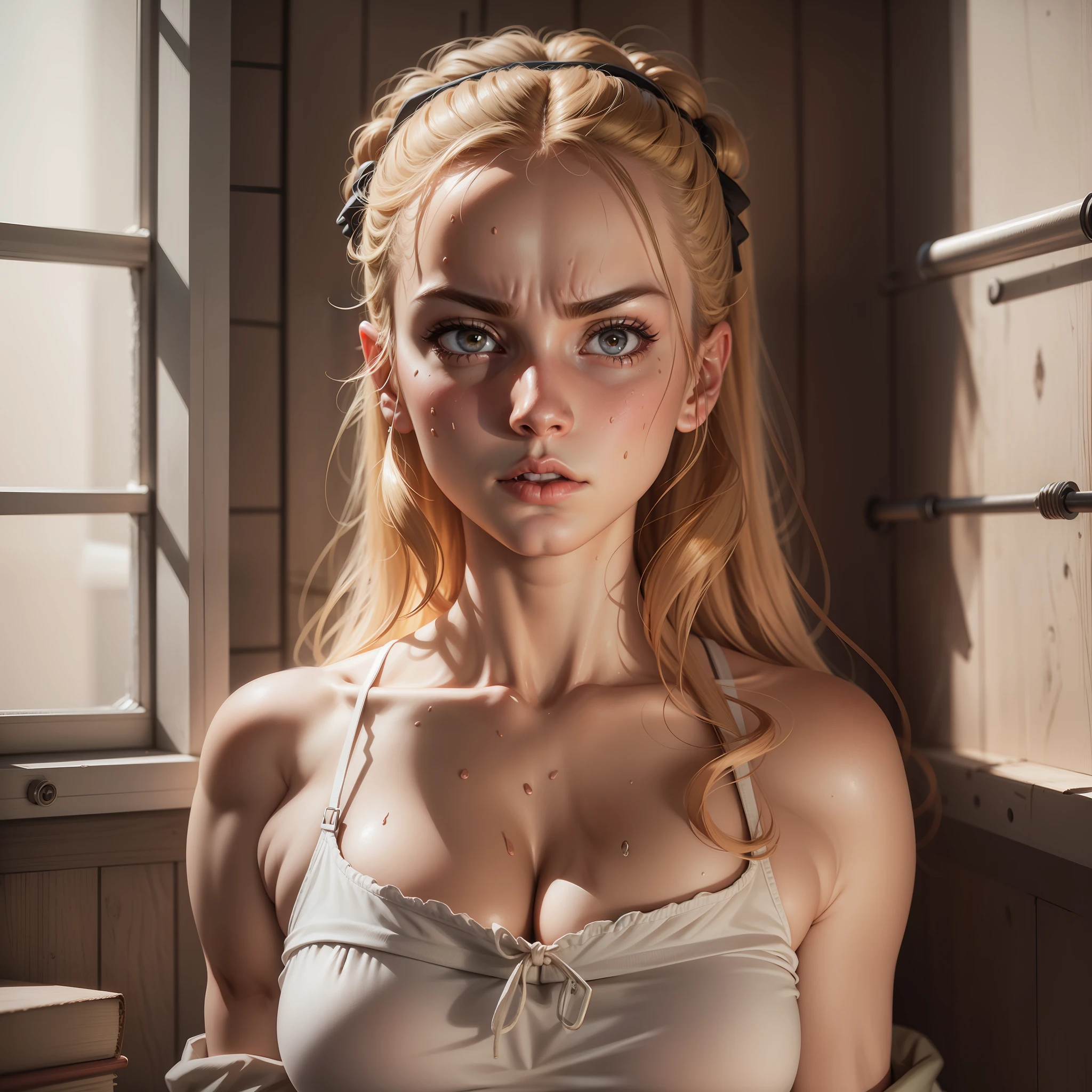 Fed up boobs! Breasts bouncing out, sweaty shirt, glaring aureoles, focused face, super real face, realism details.