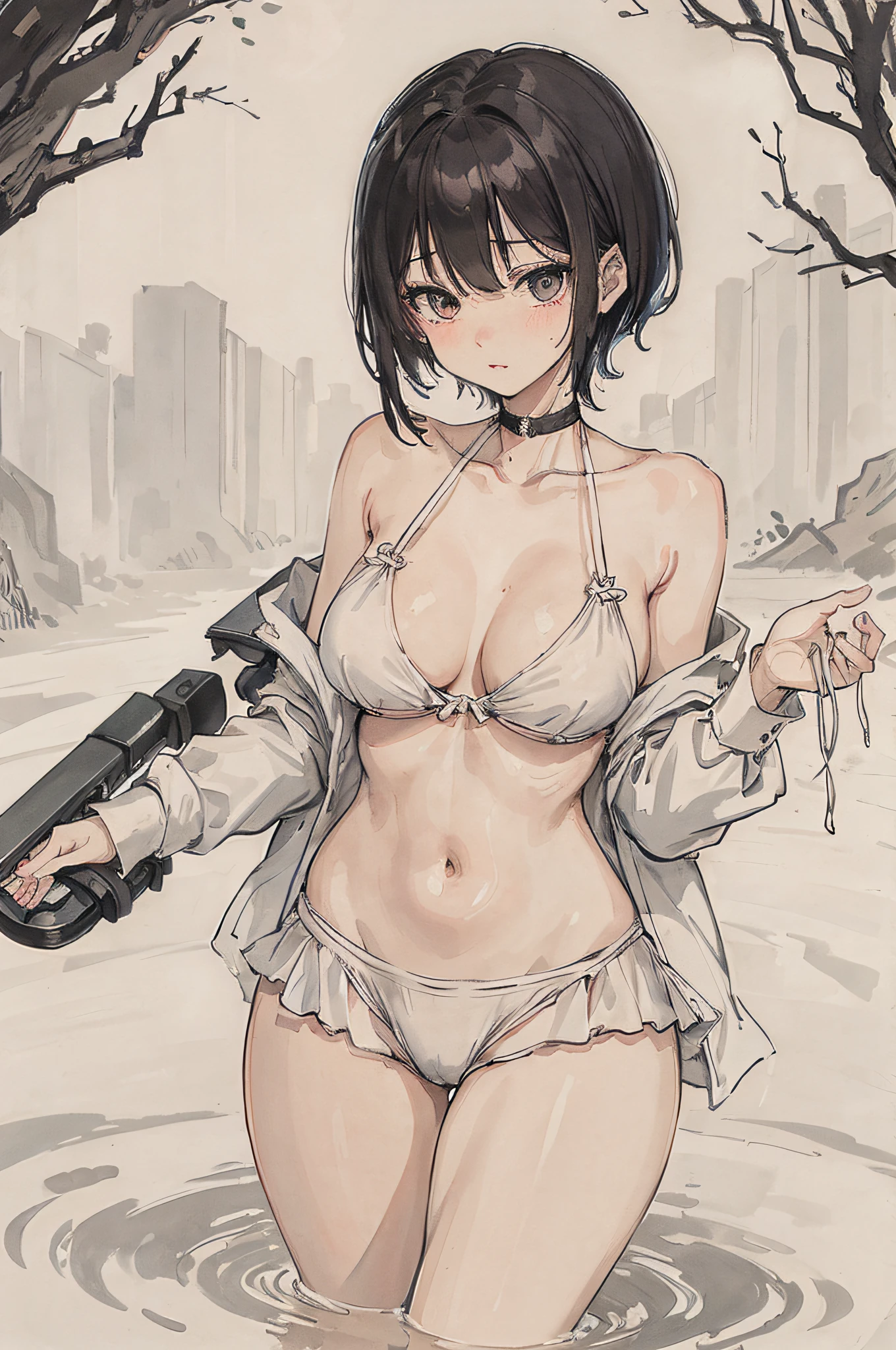 ((Best quality, 8k, Masterpiece: 1.3)), Sharp focus: 1.2, A beautiful woman with perfect body: 1.4, Slim abdomen: 1.2, ((Layered haircut, ?????????????: 1.2)), (??????) (Small and beautiful hard ??????) (Thin and damp button up to shirt length: 1.1), (White shirt wet by rain), (Rain, Street: 1.2), Wet body: 1.1, Highly detailed face and skin texture,  Detailed eyes, Double eyelid, tanned skin, ????, tan, dark skin, tanned body, exposed shoulders, cleavage