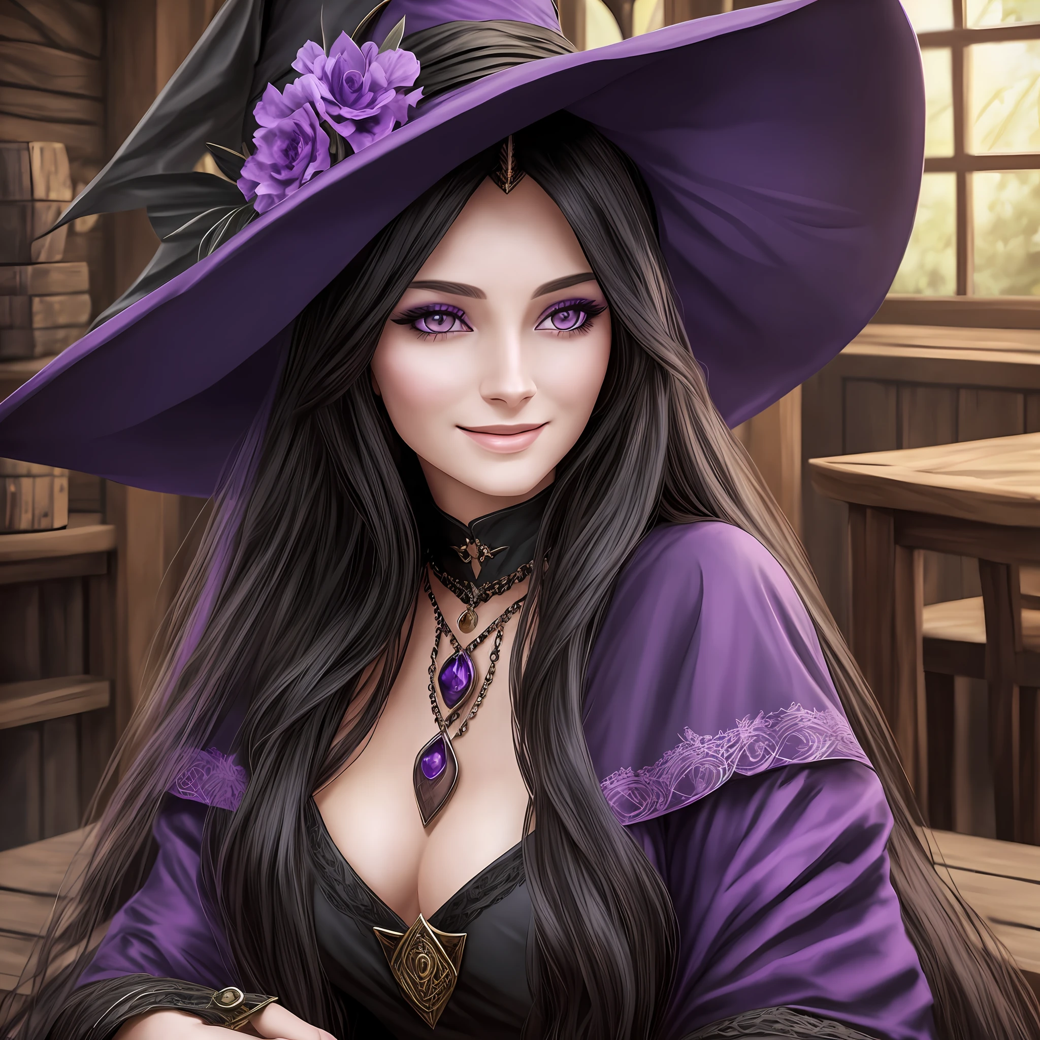 Beautiful Witch woman, with long black hair, Purple eyes, big bust, dressed witch clothes, sitting in a tavern smiling, Realistic, Full HD, Best Quality
