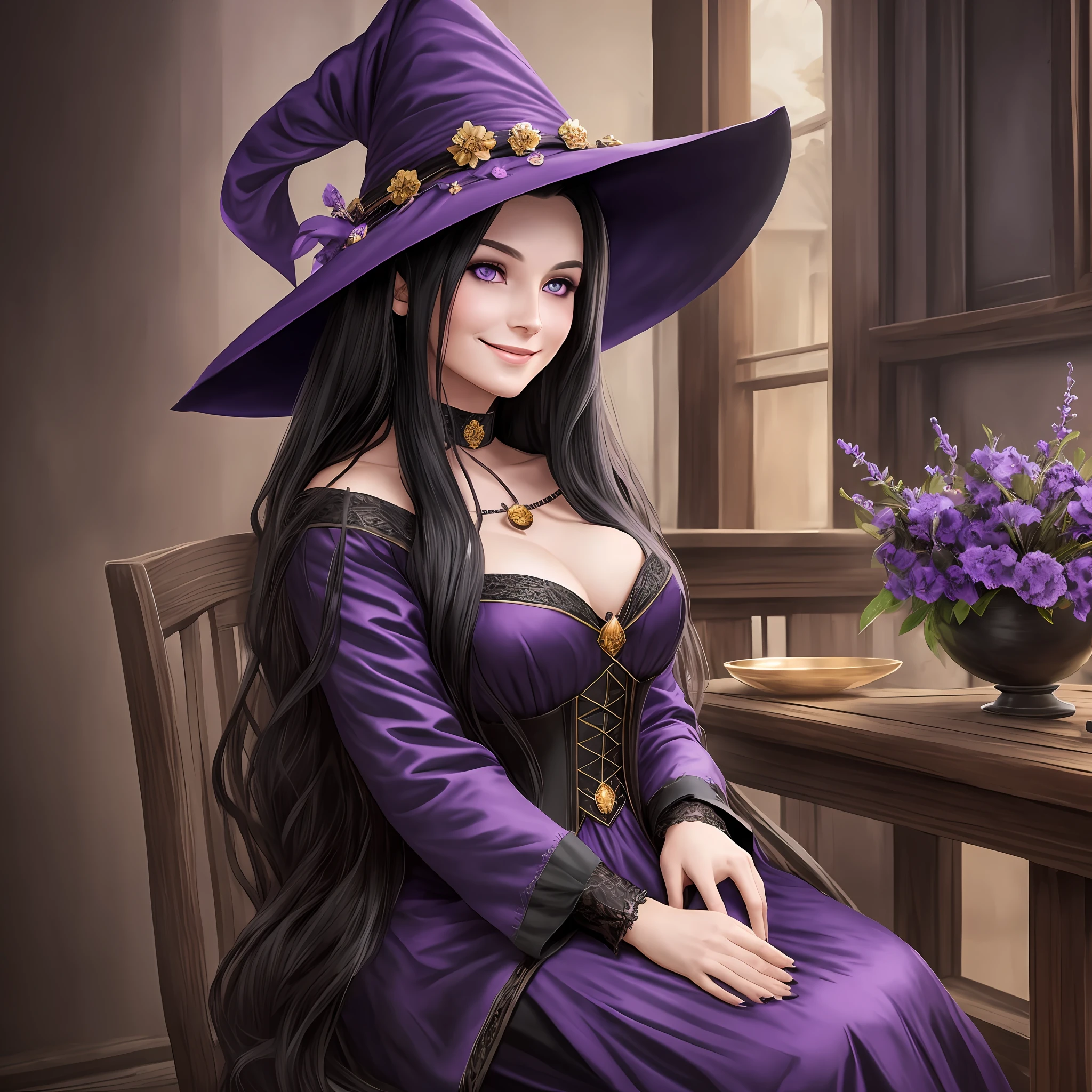 Beautiful Witch woman, with long black hair, Purple eyes, big bust, dressed witch clothes, sitting in a tavern smiling, Realistic, Full HD, Best Quality