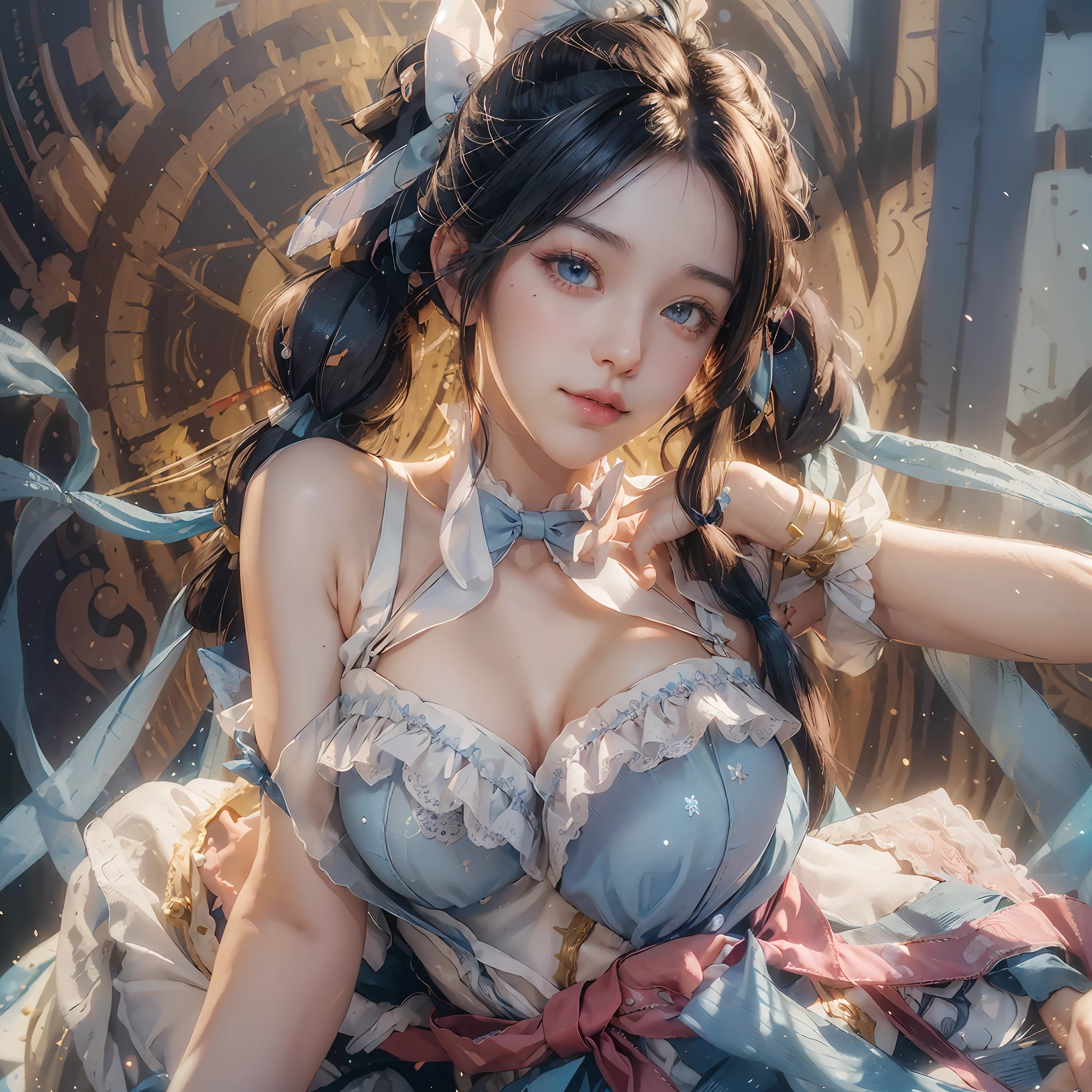 best quality, ultra high res, (photorealistic:1.4),((cute)),professional lighting, photon mapping, radiosity, physically-based rendering,masterpiece, best quality, long eyelashes,eyeshadow, mascara, pink lips, looking at viewer, upper body, curvy, hestia (danmachi), 1girl, breasts, solo, long hair, ((blue ribbon)), ((twintails)), ((white gloves)), dress, rei no himo, large breasts, blue eyes, black hair, cleavage, ((white dress)), light smile, closed mouth, hair ribbon, bow, sleeveless, sleeveless dress, bangs, blush, cleavage cutout, hair ornament, bowtie, ((clothing cutout)), very long hair, covered navel, (((arm blue ribbon))), shiny skin, tight, taut dress, breast focus, upper body, (masterpiece:1.47746), (highly_detailed:1.05), (highres:1.05), ultra detailed, 100-layers, extremely detailed, intricate, absurdres, small details, ultra detailed, detailed eyes, ((breasts hold)),((lace trim)), (18 years old cute girl),(wedding dress),((breast blue ribbon)) --auto --s2