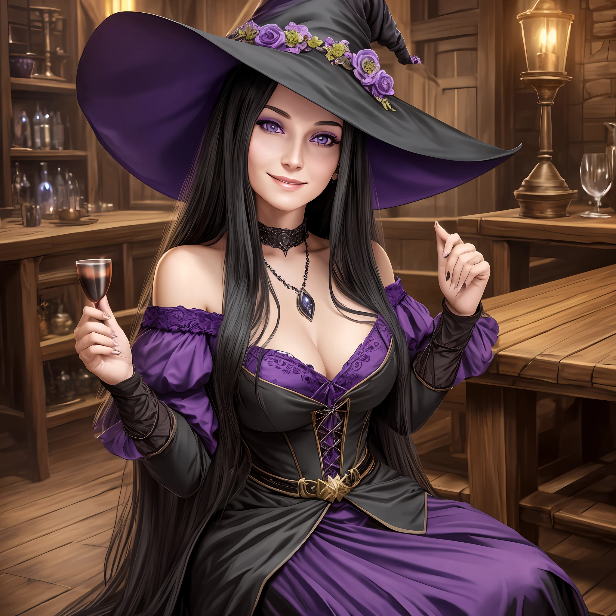 Beautiful Witch woman, with long black hair, Purple eyes, big bust, dressed witch clothes, sitting in a tavern smiling, Realistic, Full HD, Best Quality