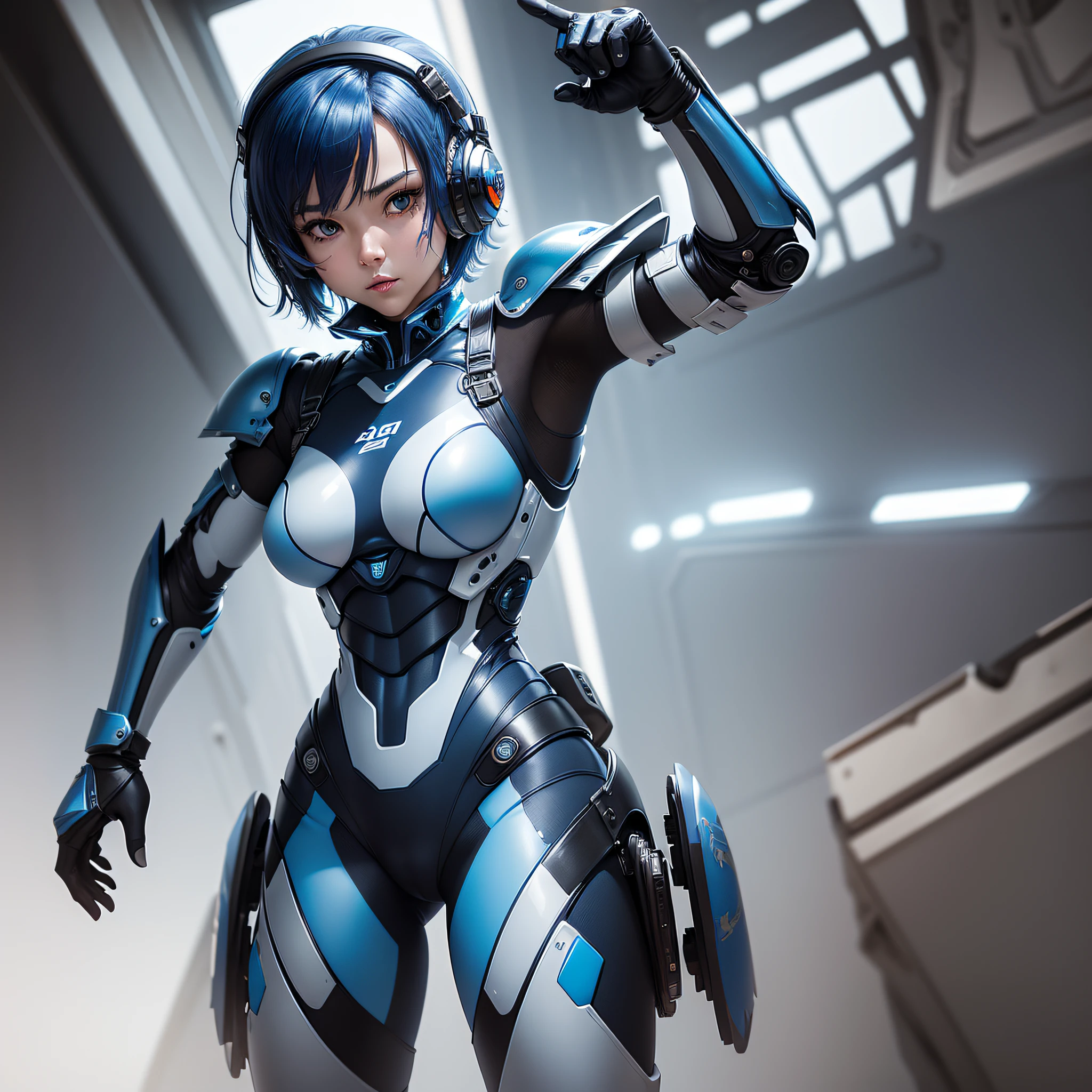 (masterpiece, highest quality, highest resolution, distinct_image, detailed details): (Solo, lone girl, face is Japan, blue-haired girl, short hair, full body figure, sideways, small size breasts, sparkling blue colored eyes, pilot suit in metallic tone white and blue, black color pilot suit, tight fit clothes, clothes covering the whole body, beauty, slim body, exoskeleton, sexy pose, White and blue and black metal armor, boots, heroines, arm-length gloves, headset)
