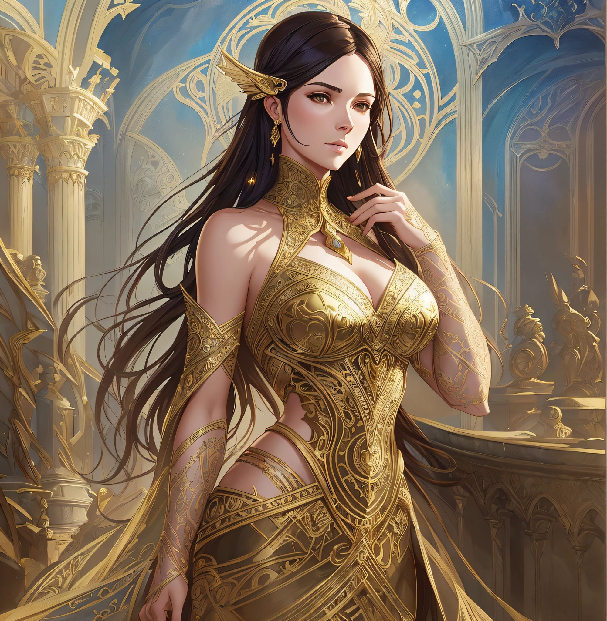 Loira de 26 anos, fantasy, intricate, elegant, highly detailed, digital painting, artstation, concept art, matte, sharp focus, illustration, art by Artgerm and Greg Rutkowski and Alphonse Mucha