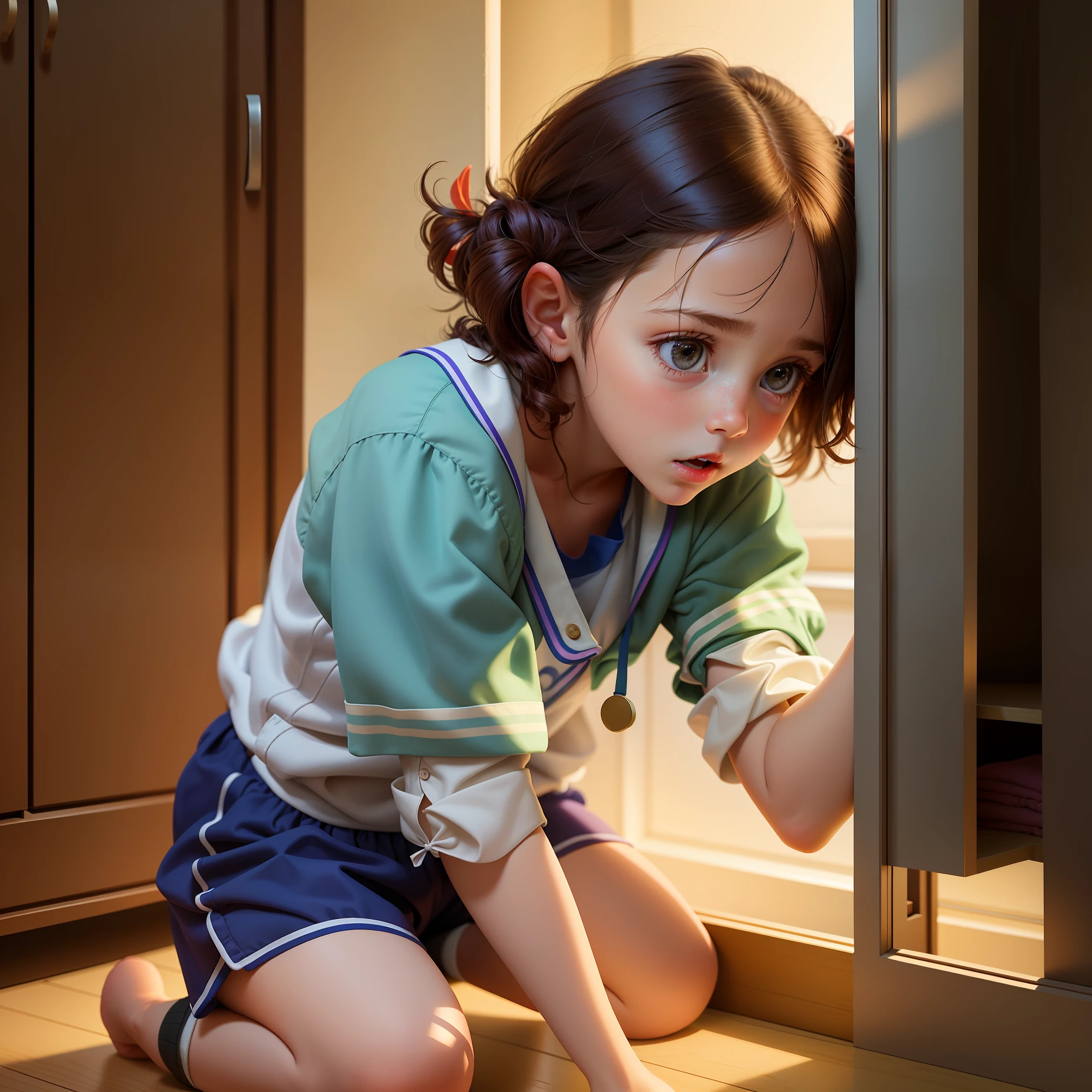 3 year old girl discovering a secret passage inside her wardrobe with a lot of surprise and suspense and magic