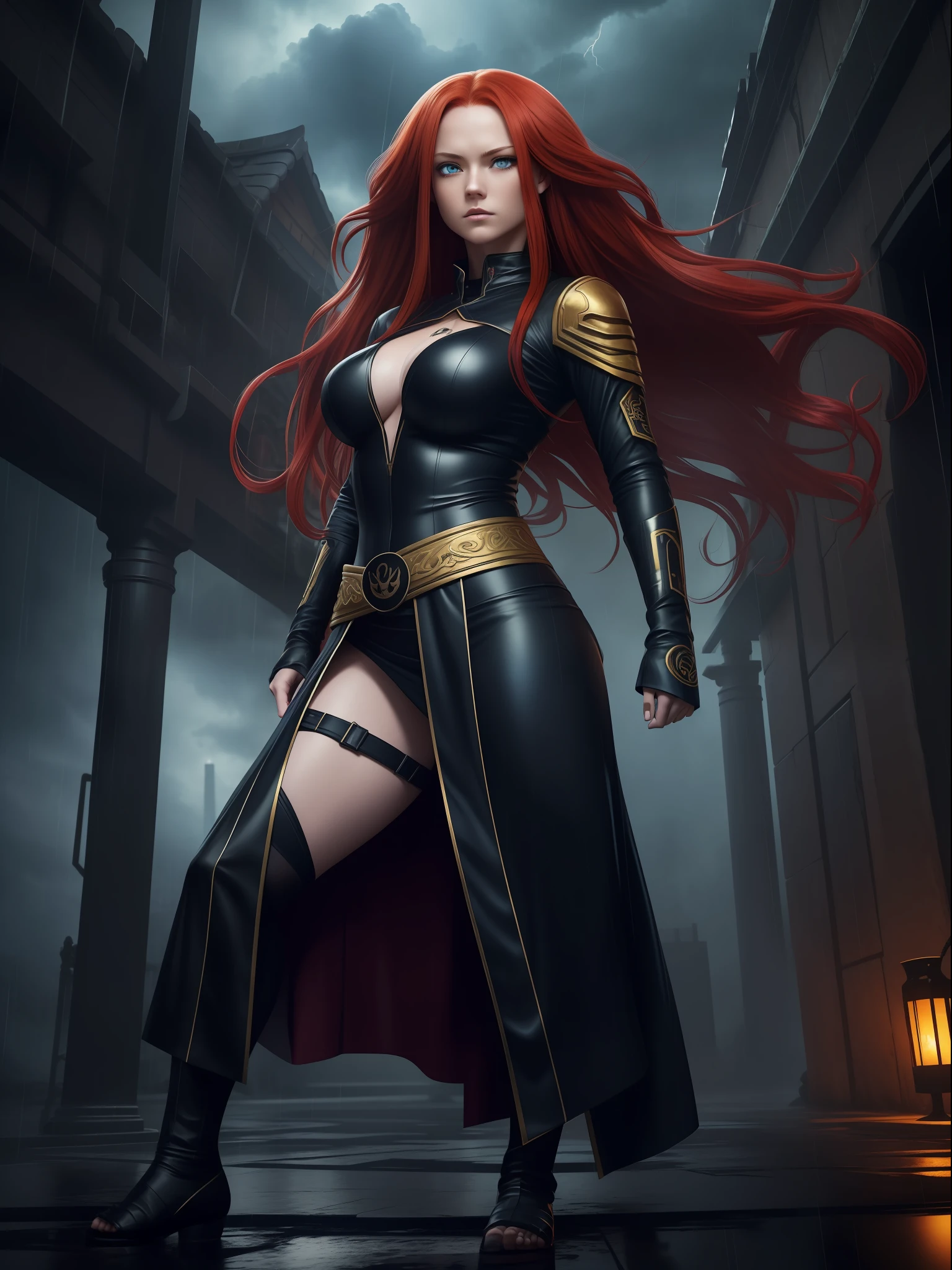 (full body photo, standing, feet on the ground), Sara has large breasts, (black with golden parts/ninja costume/mini capus on the head/extremely tight on the body/ninja mask on the face, ninja emblem on the breast), tattoos on the body, blood on the clothing, ninja weapons, closed fists, in battle position, is in a macabre temple at night raining hard with clouds in the sky and thunder,  her hair and clothes are soaked, she has ((long red hair, blue eyes)), ninja weapons, anime, reflection light, 16k, best quality, high details, anatomically correct, UHD, masterpiece, ccurate