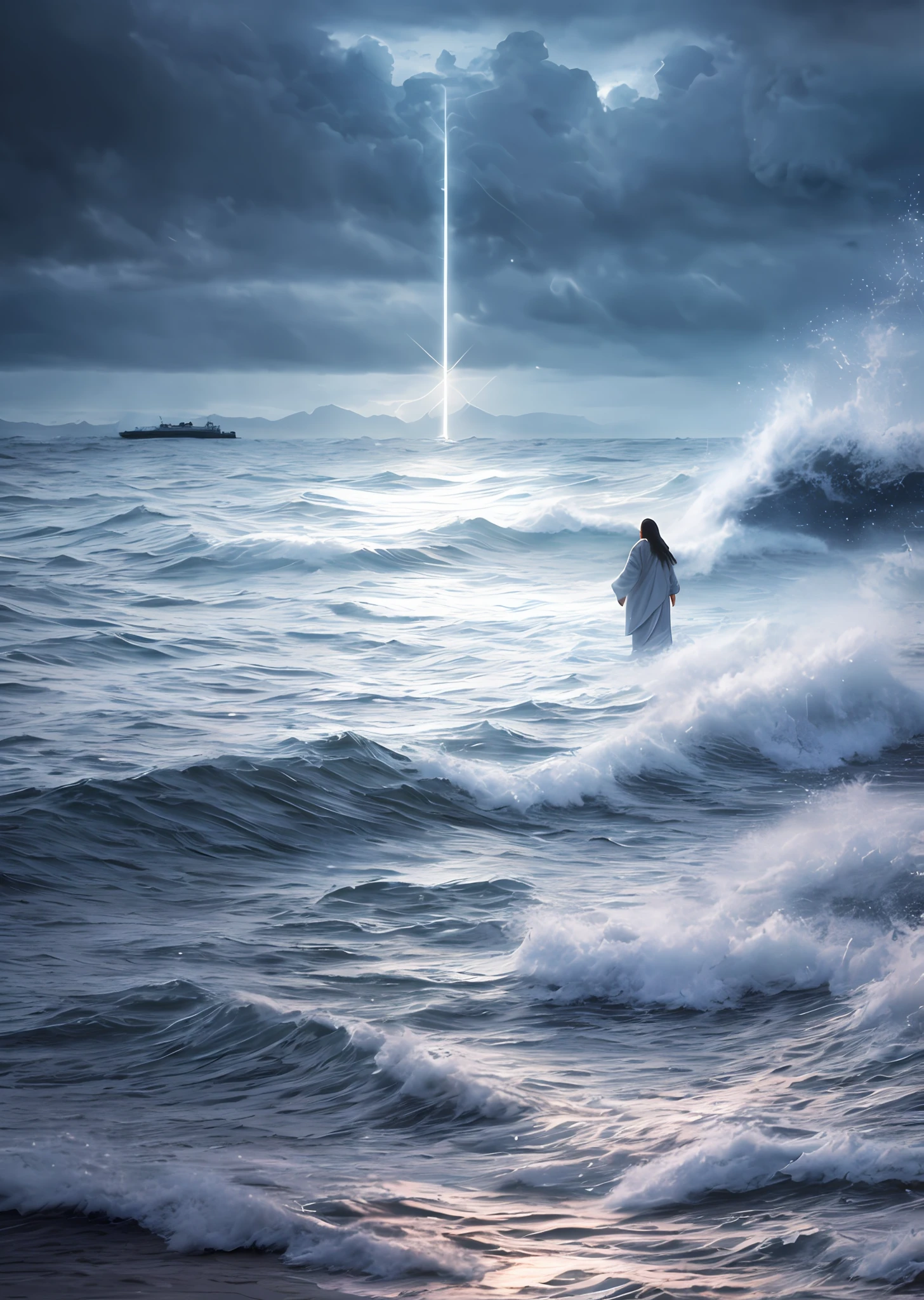 Jesus walking on water in a storm, gentle expression, streaks of light coming down from the sky, masterpiece, highest quality, high quality, highly detailed CG unit 8k wallpaper, award-winning photos, bokeh, depth of field, HDR, bloom, chromatic aberration, realistic, very detailed, trending at artstation, trending at CGsociety, complex, high detail, dramatic, mid-journey art, volumetric lighting