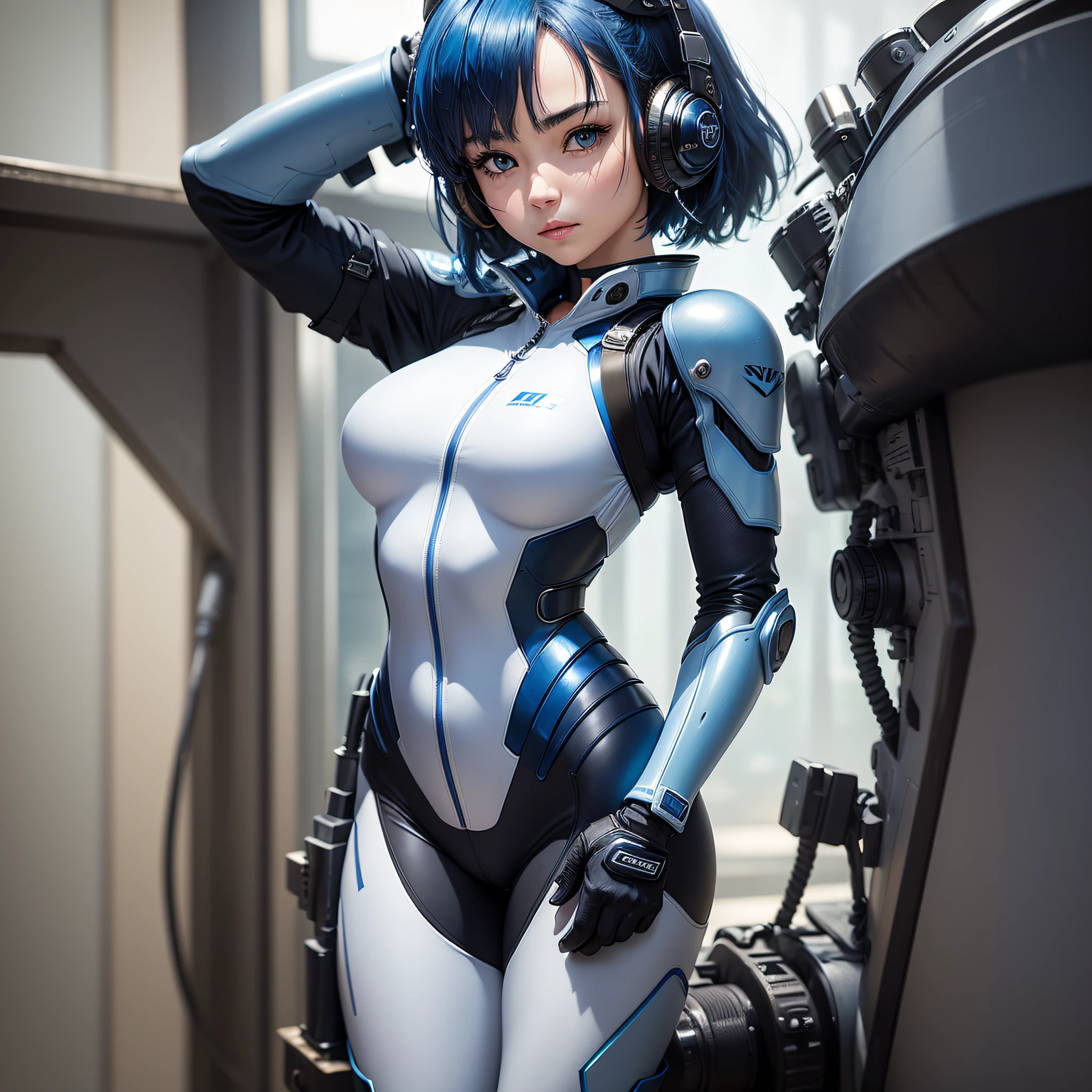 (masterpiece, highest quality, highest resolution, distinct_image, detailed details): (Solo, lone girl, face is Japan, blue haired girl, short hair, full body figure, sideways, small size breasts, sparkling blue colored eyes, pilot suit in metallic tone white and blue, black color pilot suit, tight fit clothes, clothes covering the whole body, beauty, slim body, exoskeleton, boots, heroine, Arm-length gloves, headset)