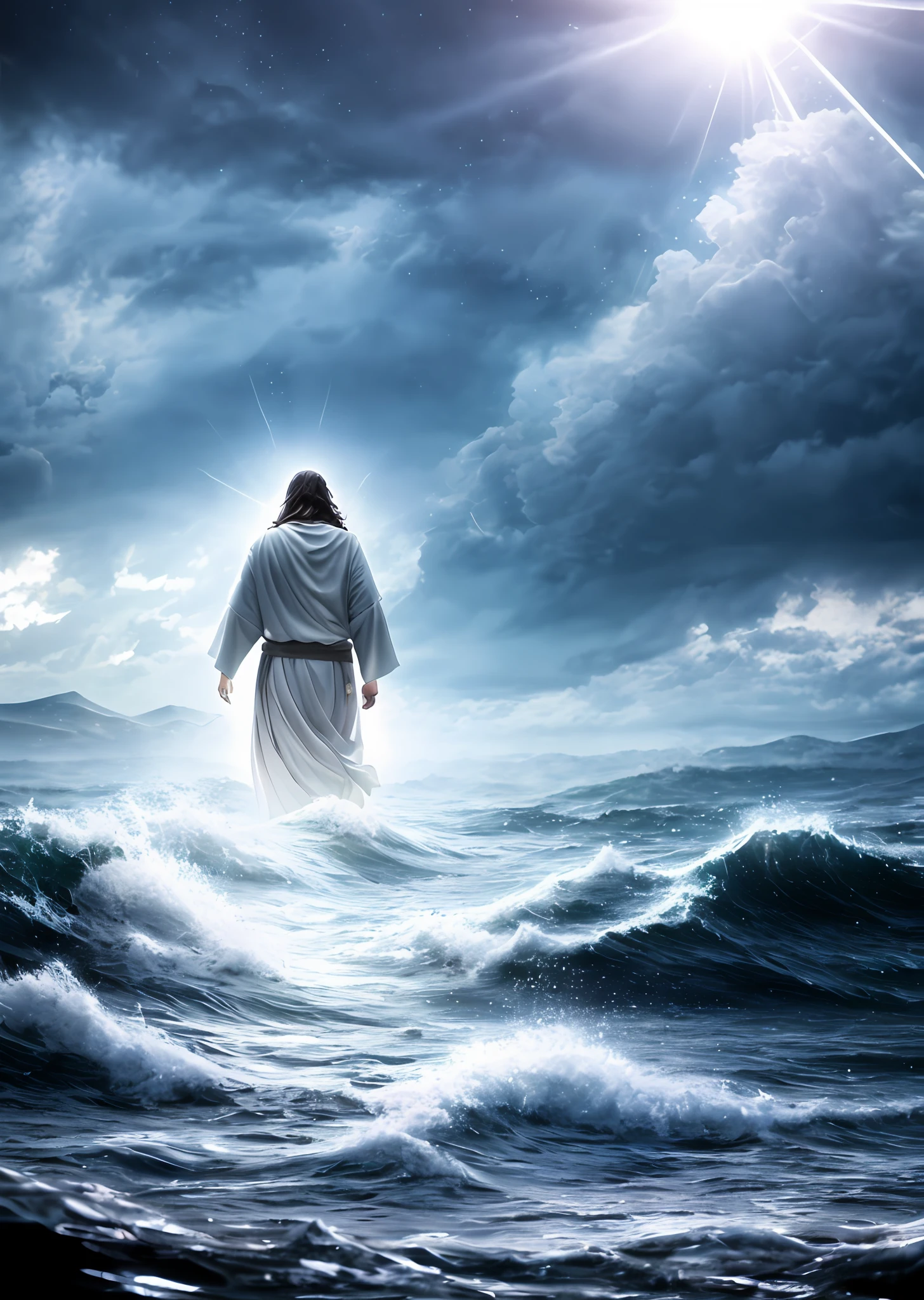 Jesus walking on water in a storm, gentle expression, streaks of light coming down from the sky, masterpiece, highest quality, high quality, highly detailed CG unit 8k wallpaper, award-winning photos, bokeh, depth of field, HDR, bloom, chromatic aberration, realistic, very detailed, trending at artstation, trending at CGsociety, complex, high detail, dramatic, mid-journey art, volumetric lighting