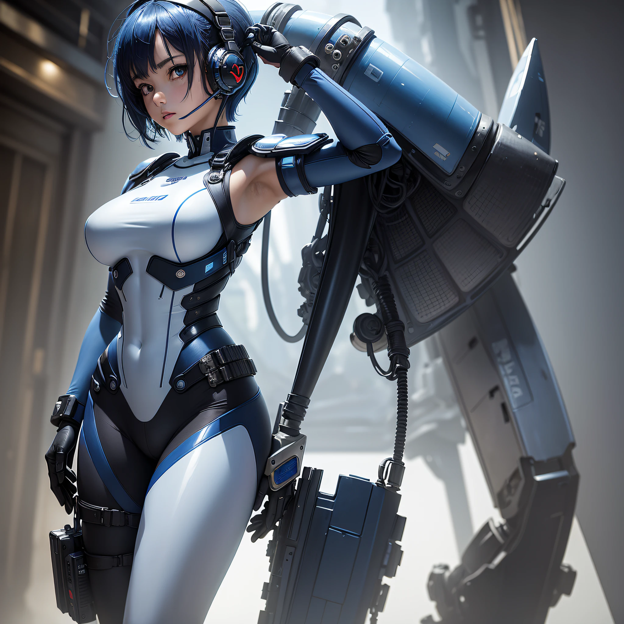 (masterpiece, highest quality, highest resolution, distinct_image, detailed details): (Solo, lone girl, face is Japan, blue haired girl, short hair, full body figure, sideways, small size breasts, sparkling blue colored eyes, pilot suit in metallic tone white and blue, black color pilot suit, tight fit clothes, clothes covering the whole body, beauty, slim body, exoskeleton, boots, heroine, Arm-length gloves, headset)