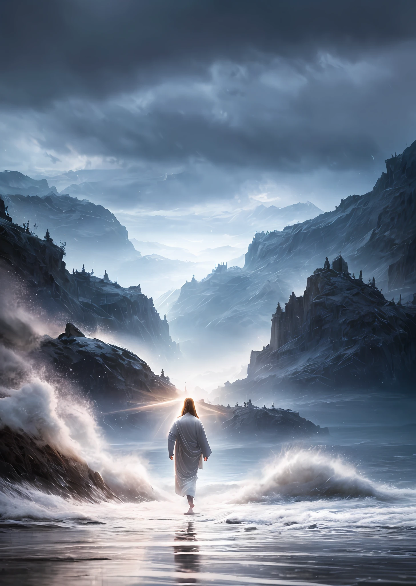 Jesus walking on water in a storm, gentle expression, streaks of light coming down from the sky, masterpiece, highest quality, high quality, highly detailed CG unit 8k wallpaper, award-winning photos, bokeh, depth of field, HDR, bloom, chromatic aberration, realistic, very detailed, trending at artstation, trending at CGsociety, complex, high detail, dramatic, mid-journey art, volumetric lighting