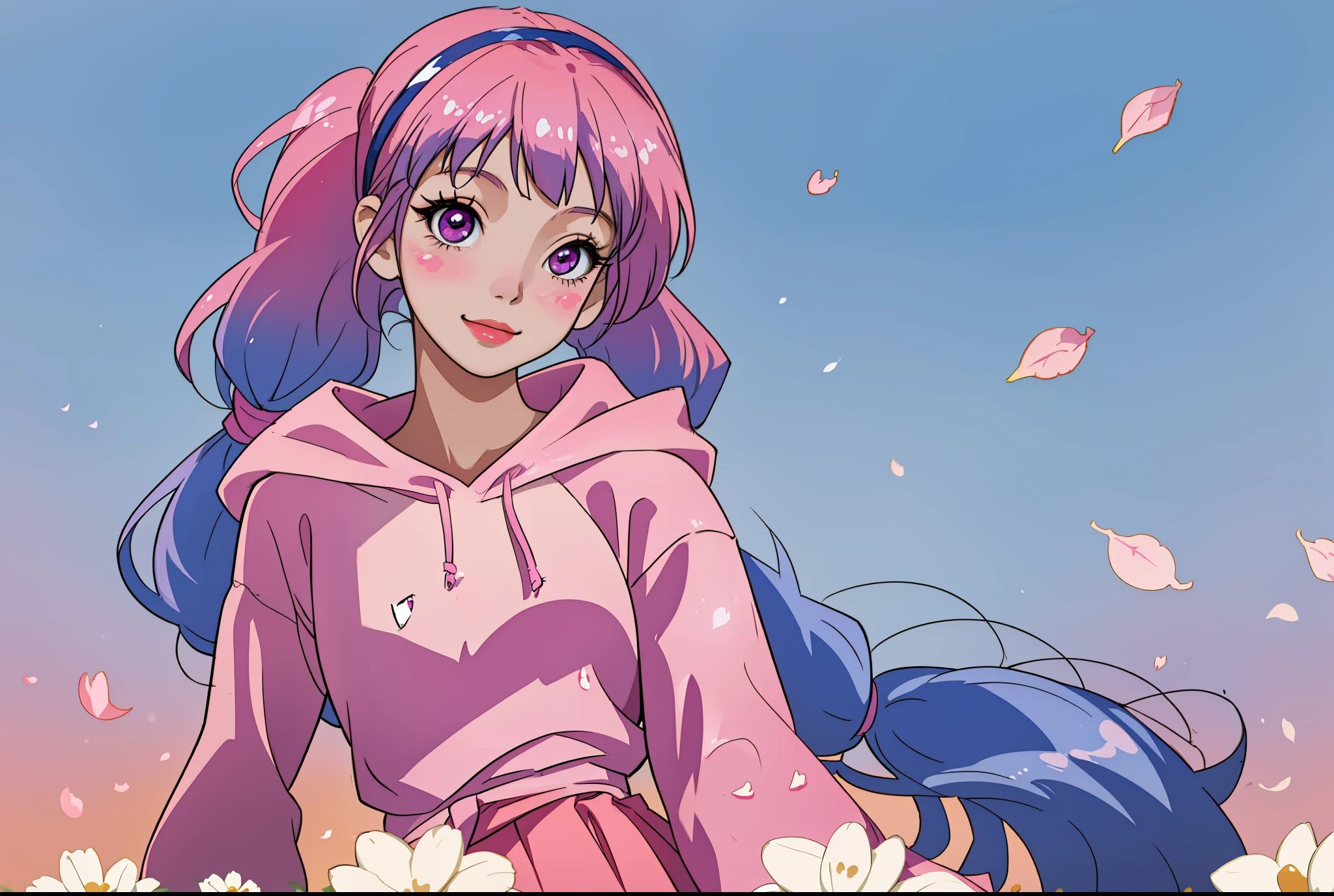 masterpiece, best quality, ultra-detailed, absurdres, colorful, 1girl, solo, (pink eyes:1.0), (blue hair, gradient hair, blunt bangs, twintails:1.0), detailed eyes, wide-eyed, eyelashes, hairband, (smile:0.8), medium breast, particles, (side view:0.5), upper body, outdoors, horizon, pink theme, blue hoodie, short skirt, rainbow, long sleeves, pastel, kawaii, heart, (gradient background:0.8), sun, blush stickers, head tilt, petals