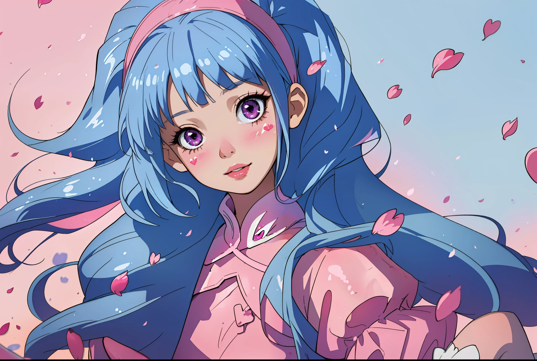 masterpiece, best quality, ultra-detailed, absurdres, colorful, 1girl, solo, (pink eyes:1.0), (blue hair, gradient hair, blunt bangs, twintails:1.0), detailed eyes, wide-eyed, eyelashes, hairband, (smile:0.8), medium breast, particles, (side view:0.5), upper body, outdoors, horizon, pink theme, blue hoodie, short skirt, rainbow, long sleeves, pastel, kawaii, heart, (gradient background:0.8), sun, blush stickers, head tilt, petals