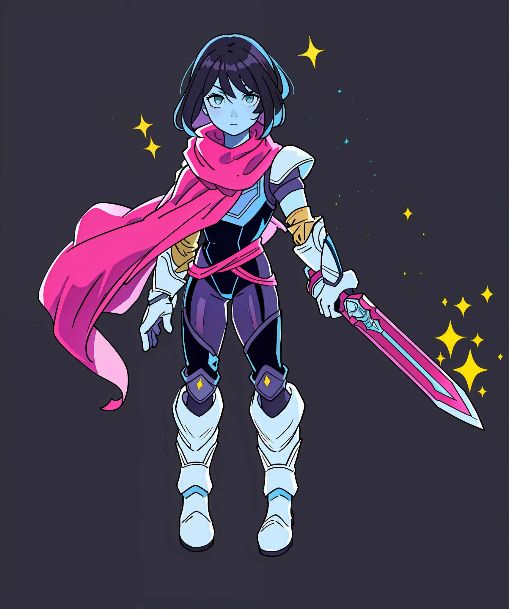 dark hair, yellow sparkles, pink scarf, armor, white gloves, boots, blue skin, expressionless, sword, hd, highres