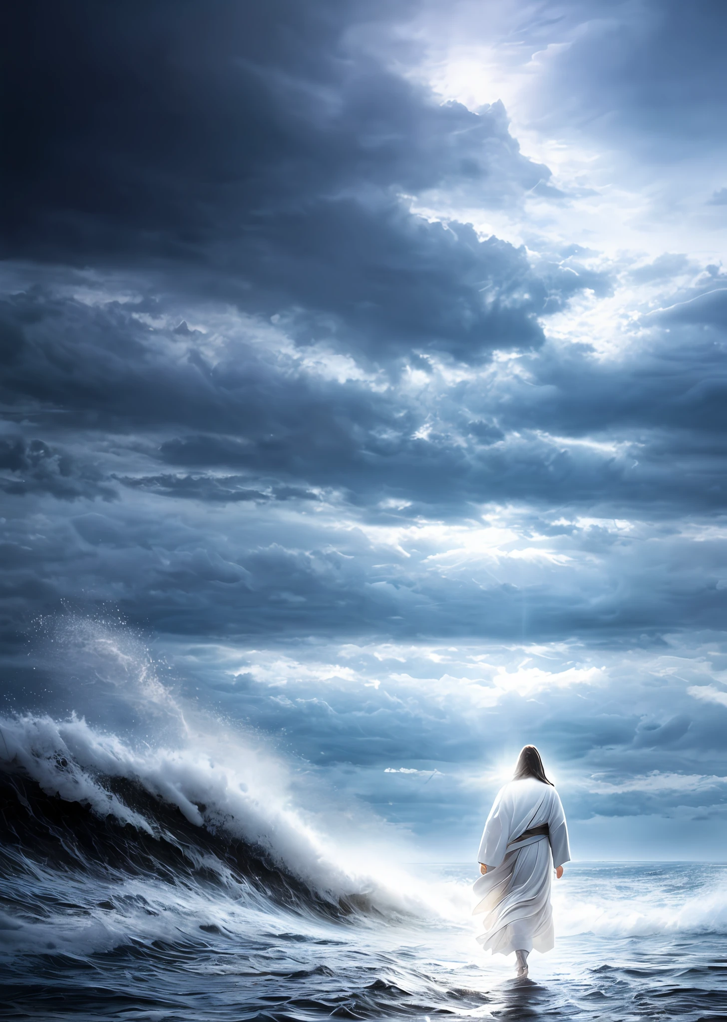 Jesus walking on water in a storm, gentle expression, streaks of light coming down from the sky, masterpiece, highest quality, high quality, highly detailed CG unit 8k wallpaper, award-winning photos, bokeh, depth of field, HDR, bloom, chromatic aberration, realistic, very detailed, trending at artstation, trending at CGsociety, complex, high detail, dramatic, mid-journey art, volumetric lighting