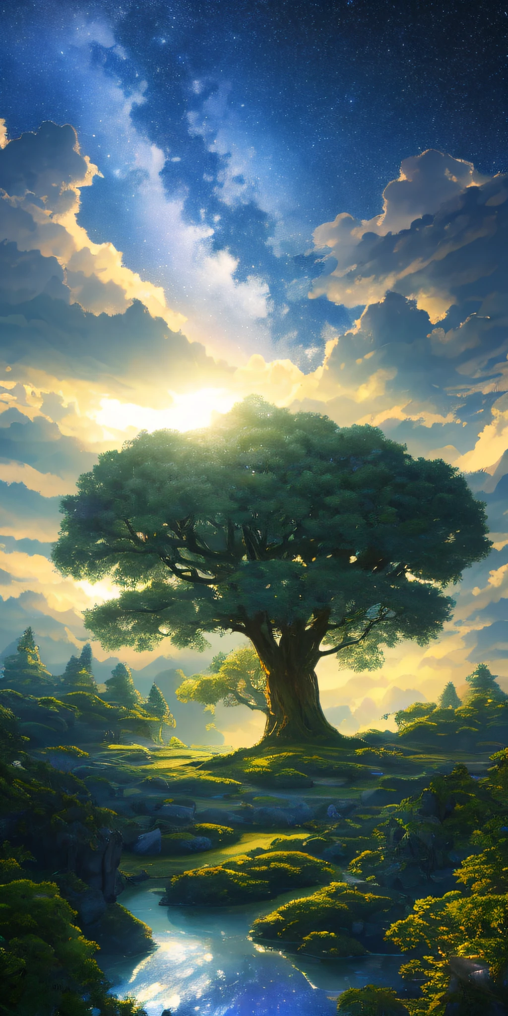 Illustration of a hyperrealistic , otherworldly, ultrasky scene featuring a giant crystal tree full body,very detailed and magical lighting, intricate forest details, vegetation and river around, solarpunk ,landscape, giant tree, beatifull leafy with beautiful lighting and realistic proportions, as if it were a cinematic background, 8k, highest quality, masterpiece, clouds and stars in the sky.