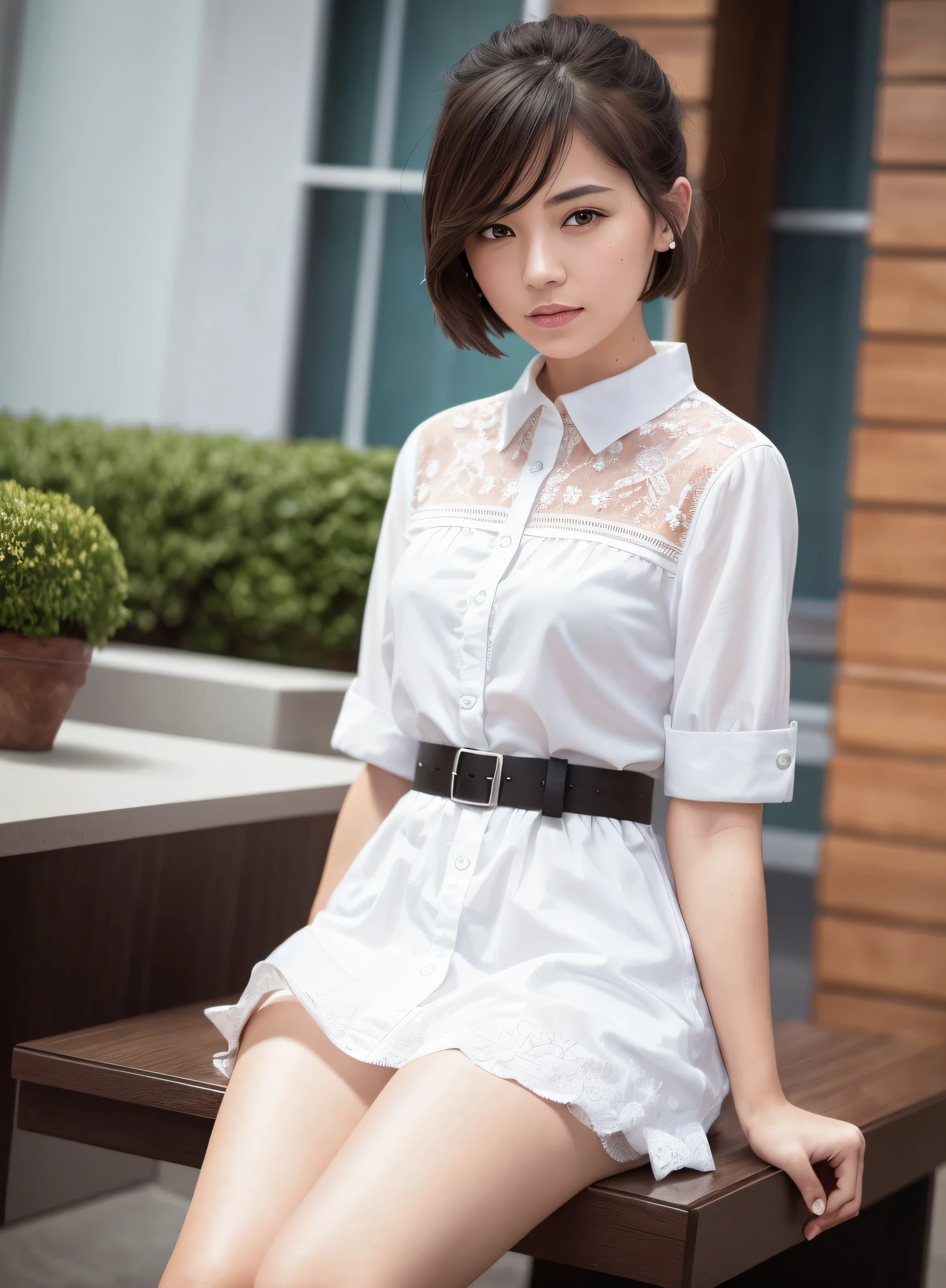 (8k, top quality, masterpiece: 1.2), (realistic, photorealistic: 1.37), super detailed, girl 1 person, cute, alone, beautiful detailed sky, detailed café, night, sitting, (smile: 1.15),(closed)small,beautiful details,(shirt with collar:1.1),night,,rain,white lace,(short hair:1.2),floating hair NovaFrogStyle,