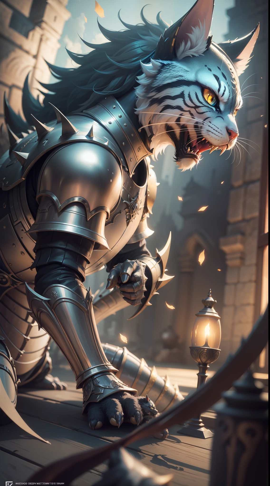 A dragon cat in armor attacks the enemy, background castle, Extremely detailed computer graphics Wallpaper Unity 8K Masterpiece Best Quality: 1.2 High Resolution Figure: 1.1 Cinematic Lighting: 1.1 Fine detail Intricate details Best illustration 8K resolution Realistic Super Detailed Better Lighting Best Shadow Ultra HD CryEngine Detailed Reflection Detailed shadows Intricate details Smooth Perfect shading High-quality metal texture Metallic luster Highly detailed illustration Semi-realism: 1.6 Wide-angle shot: 1.2 Bottom Dutch angle, dynamics, action