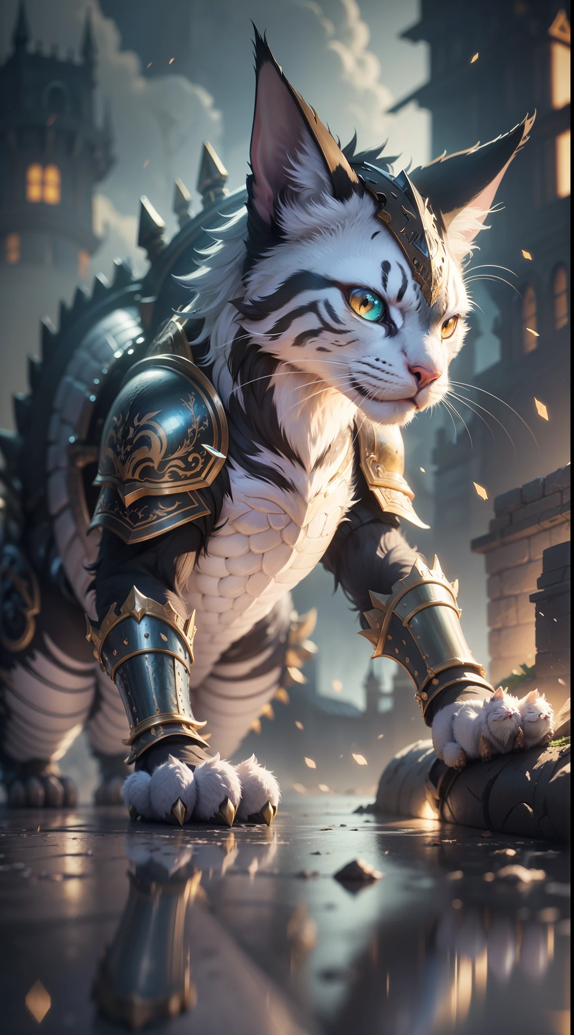 A dragon cat in armor attacks the enemy, background castle, Extremely detailed computer graphics Wallpaper Unity 8K Masterpiece Best Quality: 1.2 High Resolution Figure: 1.1 Cinematic Lighting: 1.1 Fine detail Intricate details Best illustration 8K resolution Realistic Super Detailed Better Lighting Best Shadow Ultra HD CryEngine Detailed Reflection Detailed shadows Intricate details Smooth Perfect shading High-quality metal texture Metallic luster Highly detailed illustration Semi-realism: 1.6 Wide-angle shot: 1.2 Bottom Dutch angle, dynamics, action