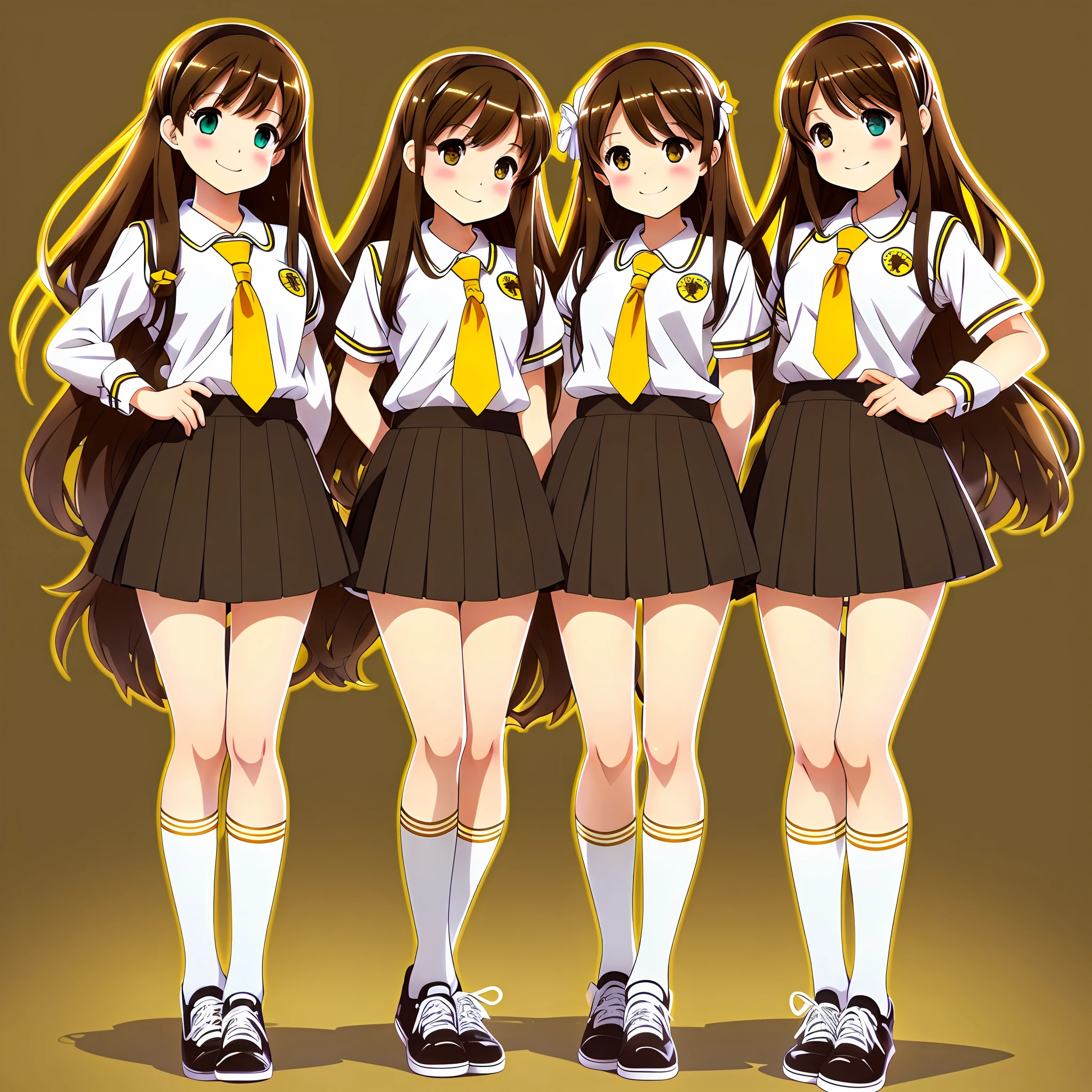 perfect anime illustration, brown hair, wavy hair, hazel eyes, 1girl, smiling, yellow school uniform, white socks, white knee high socks, black high heels, schoolgirls, school uniform, highres, full body, thousands of girls, identical sisters, matching outfits, matching hairstyles, matching faces, group photo
