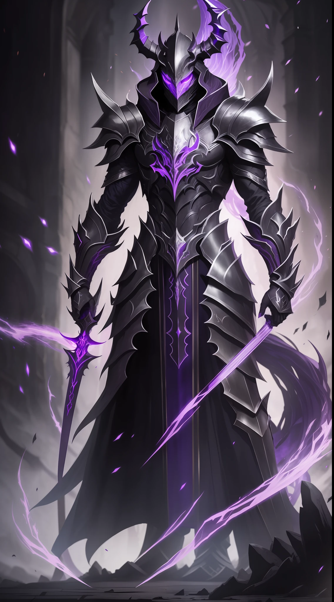 Shadow Dark Knight in a dark suit with glowing purple eyes, a very thin slender tall knight, full-length with a purple flame and a black slender long body, wearing a helmet, a tall long tail of red hair develops from the back of the helmet, eyes glow purple, goes to the viewer, full-length, background dark throne room, concept art of the demon's soul, Lord of the Ashes,  Black Fire Reflection Armor, Shadow Armor, Draconian Armor, Former Demon King, Demon Armor, Glowing Lights in Armor, Smooth Glowing Armor, Intricate Glowing Mecha Armor, Dark Soul Armor Concept, Demonic Dragon Armor, Glowing and Epic, Glowing Purple, Anime Style