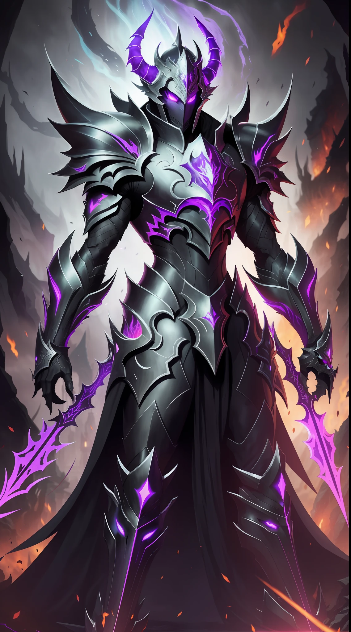 Shadow Dark Knight in a dark suit with glowing purple eyes, a very thin slender tall knight, full-length with a purple flame and a black slender long body, wearing a helmet, a tall long tail of red hair develops from the back of the helmet, eyes glow purple, goes to the viewer, full-length, background dark throne room, concept art of the demon's soul, Lord of the Ashes,  Black Fire Reflection Armor, Shadow Armor, Draconian Armor, Former Demon King, Demon Armor, Glowing Lights in Armor, Smooth Glowing Armor, Intricate Glowing Mecha Armor, Dark Soul Armor Concept, Demonic Dragon Armor, Glowing and Epic, Glowing Purple, Anime Style