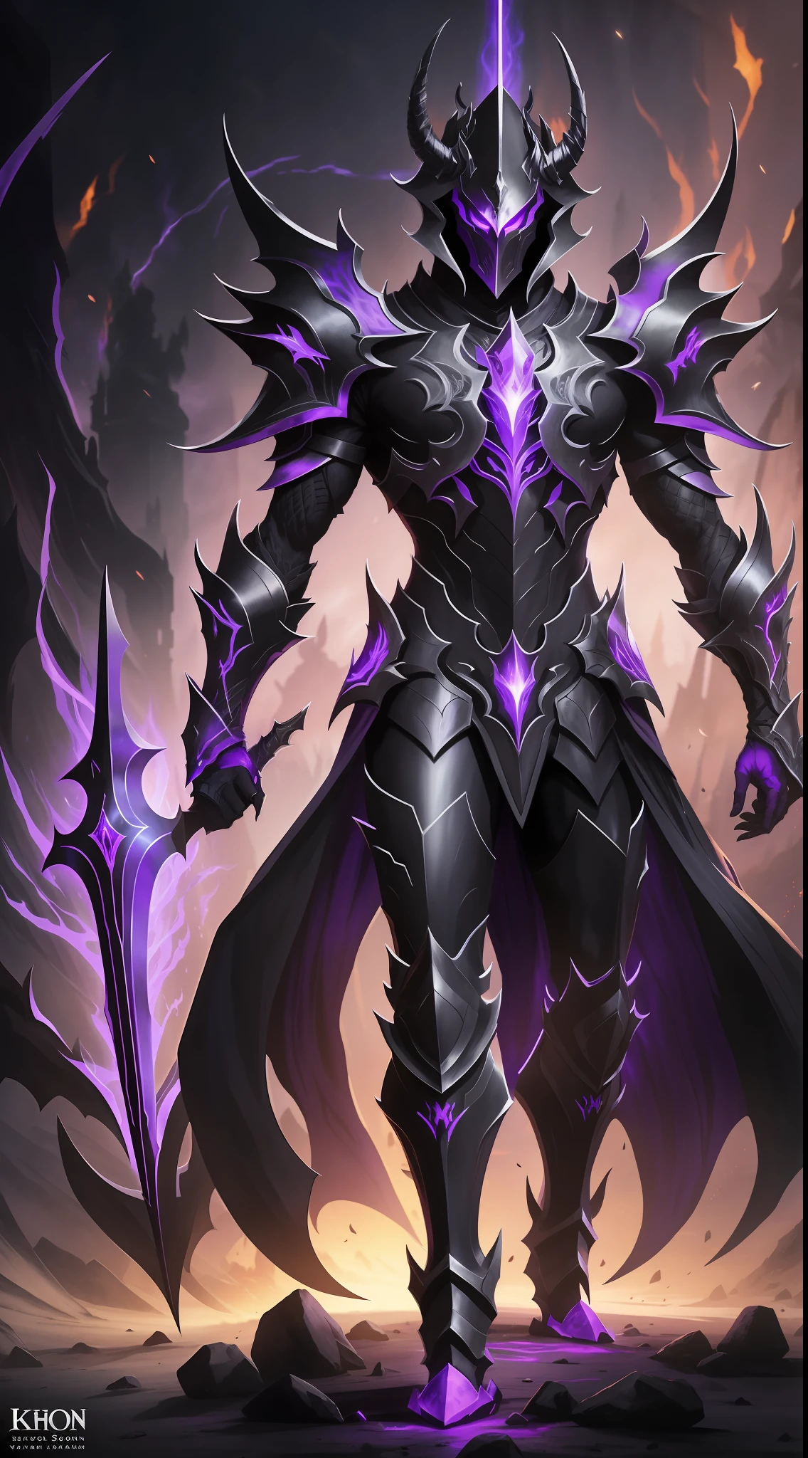 Shadow Dark Knight in a dark suit with glowing purple eyes, a very thin slender tall knight, full-length with a purple flame and a black slender long body, wearing a helmet, a tall long tail of red hair develops from the back of the helmet, eyes glow purple, goes to the viewer, full-length, background dark throne room, concept art of the demon's soul, Lord of the Ashes, Black Fire Reflection Armor, Shadow Armor, Draconian Armor, Former Demon King, Demon Armor, Glowing Lights in Armor, Smooth Glowing Armor, Intricate Glowing Mecha Armor, Dark Soul Armor Concept, Demonic Dragon Armor, Glowing and Epic, Glowing Purple, Anime Style