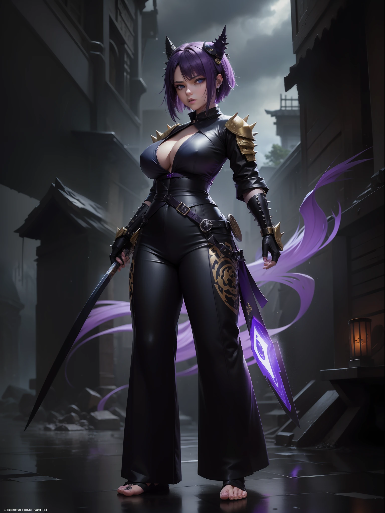 (full body photo, standing, feet on the ground), Sara has large breasts, (black with golden parts/ninja costume/mini capus on the head/extremely tight on the body/ninja mask on the face, ninja emblem on the breast), tattoos on the body, blood on the clothing, ninja weapons, closed fists, in battle position, is in a macabre temple at night raining hard with clouds in the sky and thunder, her hair and clothes are soaked, she has ((very short purple spiky hair, blue eyes)), ninja weapons, anime, reflection light, 16k, best quality, high details, anatomically correct, UHD, masterpiece, ccurate