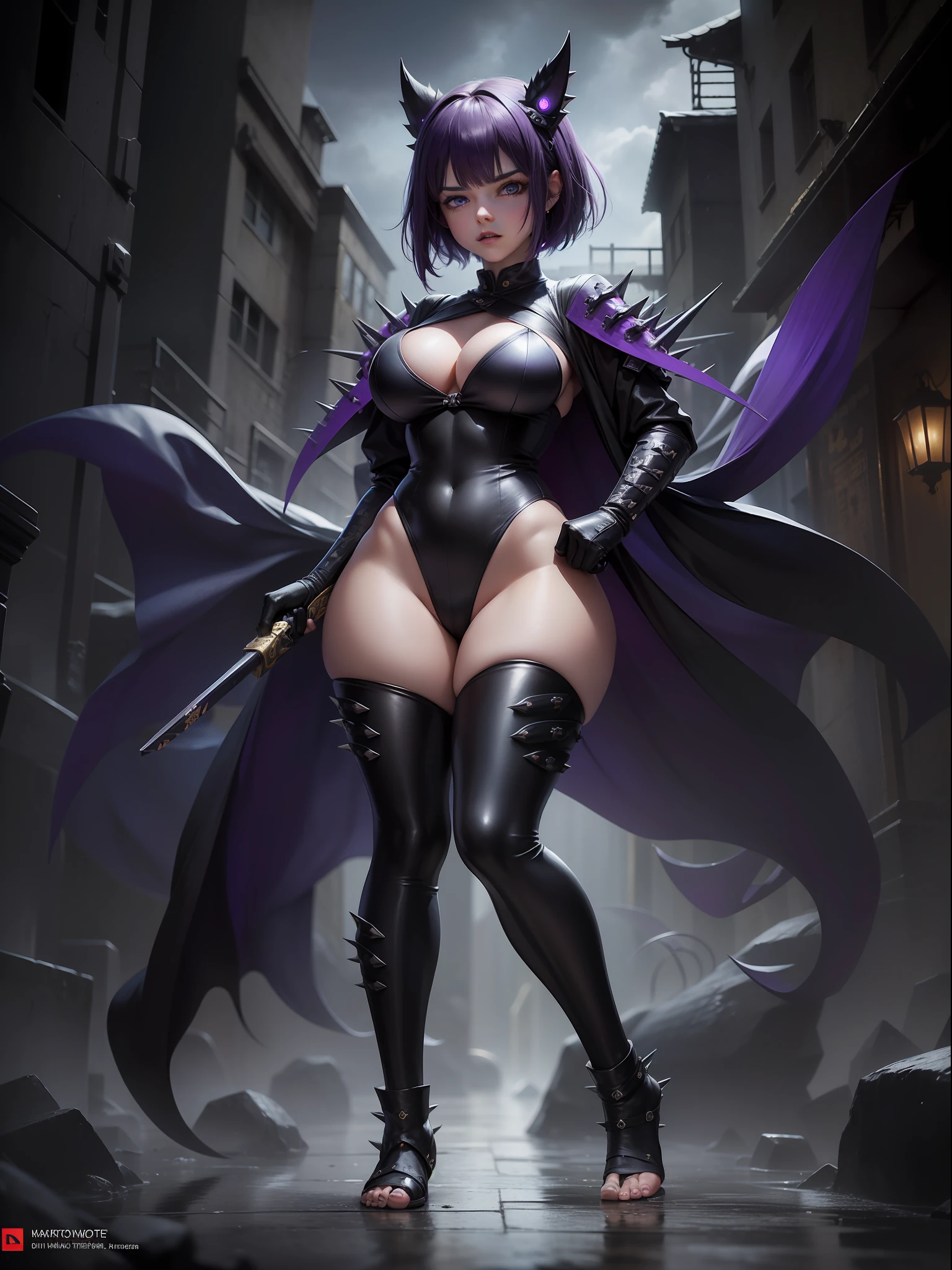(full body photo, standing, feet on the ground), Sara has large breasts, (black with golden parts/ninja costume/mini capus on the head/extremely tight on the body/ninja mask on the face, ninja emblem on the breast), tattoos on the body, blood on the clothing, ninja weapons, closed fists, in battle position, is in a macabre temple at night raining hard with clouds in the sky and thunder, her hair and clothes are soaked, she has ((very short purple spiky hair, blue eyes)), ninja weapons, anime, reflection light, 16k, best quality, high details, anatomically correct, UHD, masterpiece, ccurate