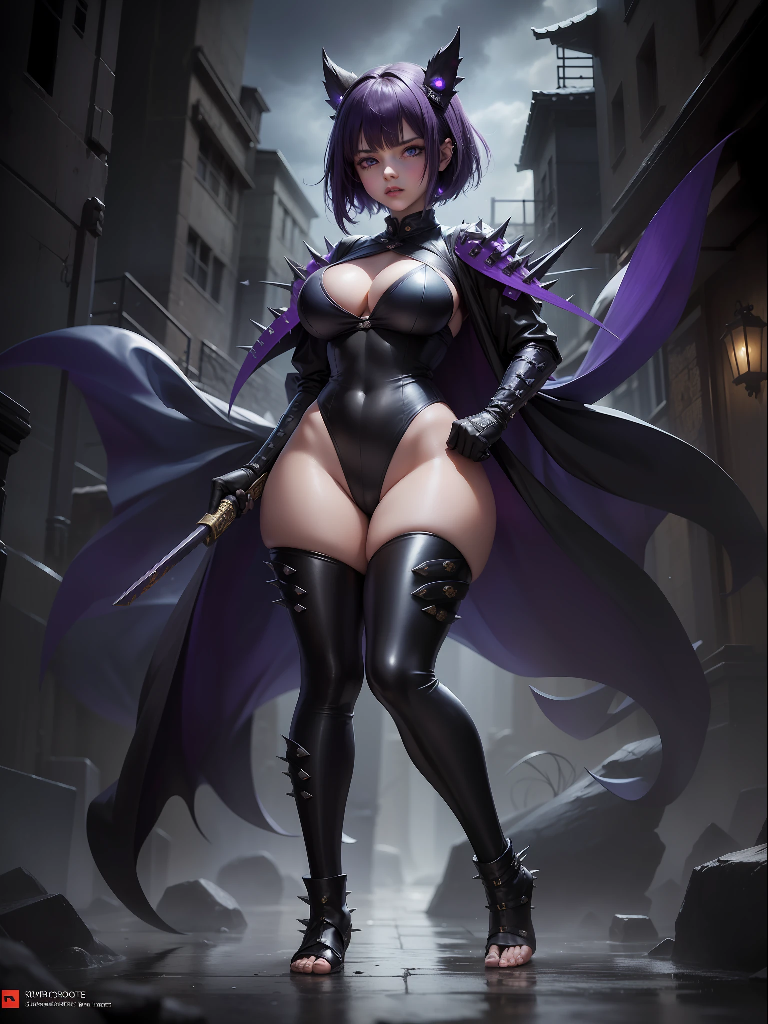 (full body photo, standing, feet on the ground), Sara has large breasts, (black with golden parts/ninja costume/mini capus on the head/extremely tight on the body/ninja mask on the face, ninja emblem on the breast), tattoos on the body, blood on the clothing, ninja weapons, closed fists, in battle position, is in a macabre temple at night raining hard with clouds in the sky and thunder, her hair and clothes are soaked, she has ((very short purple spiky hair, blue eyes)), ninja weapons, anime, reflection light, 16k, best quality, high details, anatomically correct, UHD, masterpiece, ccurate