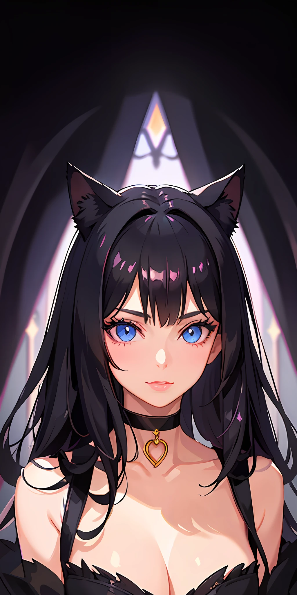 1girl, animal ears, bangs, black choker, black hair, blue eyes, blurry, cat ears, choker, closed mouth, collarbone, eyelashes, lips, long hair, looking at viewer, portrait, solo,(shiny skin),realistic,fashi-girl,milf,extremely delicate and beautiful,goddess,smile,pink lips