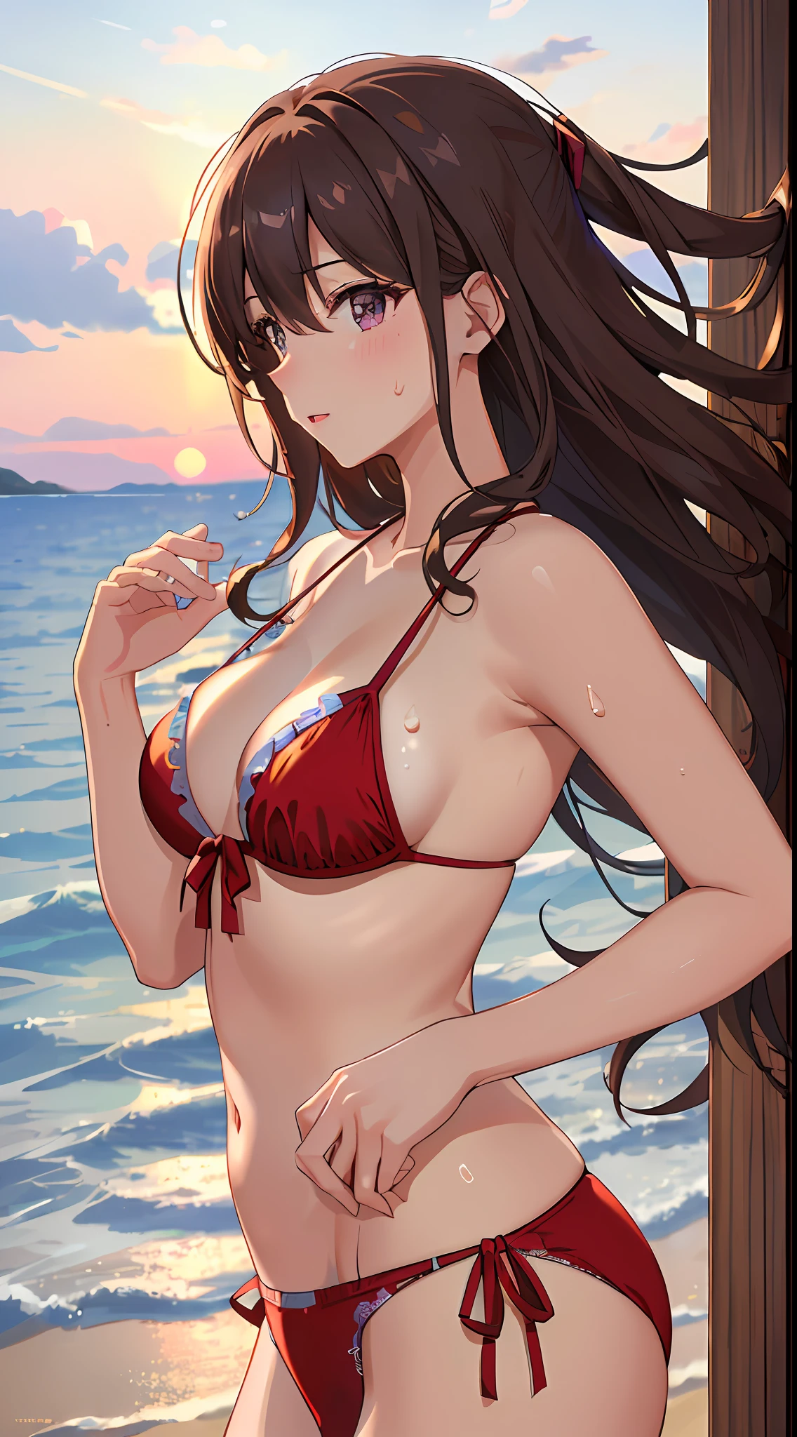 (((masterpiece: 1.5, best quality, high resolution: 1.3, super resolution, super detailed, ultra detailed:1.3, rich background:1.2))), ((face close up)), 1girl, solo, hazel eyes, long brown wavy hair, pink bikini, pink panties, ((raises one hand)), (armpit), (sweat), (outdoor), ((sea: 1.2)), ((beach)), scenery, (dusk), ((dynamic light: 1.4))