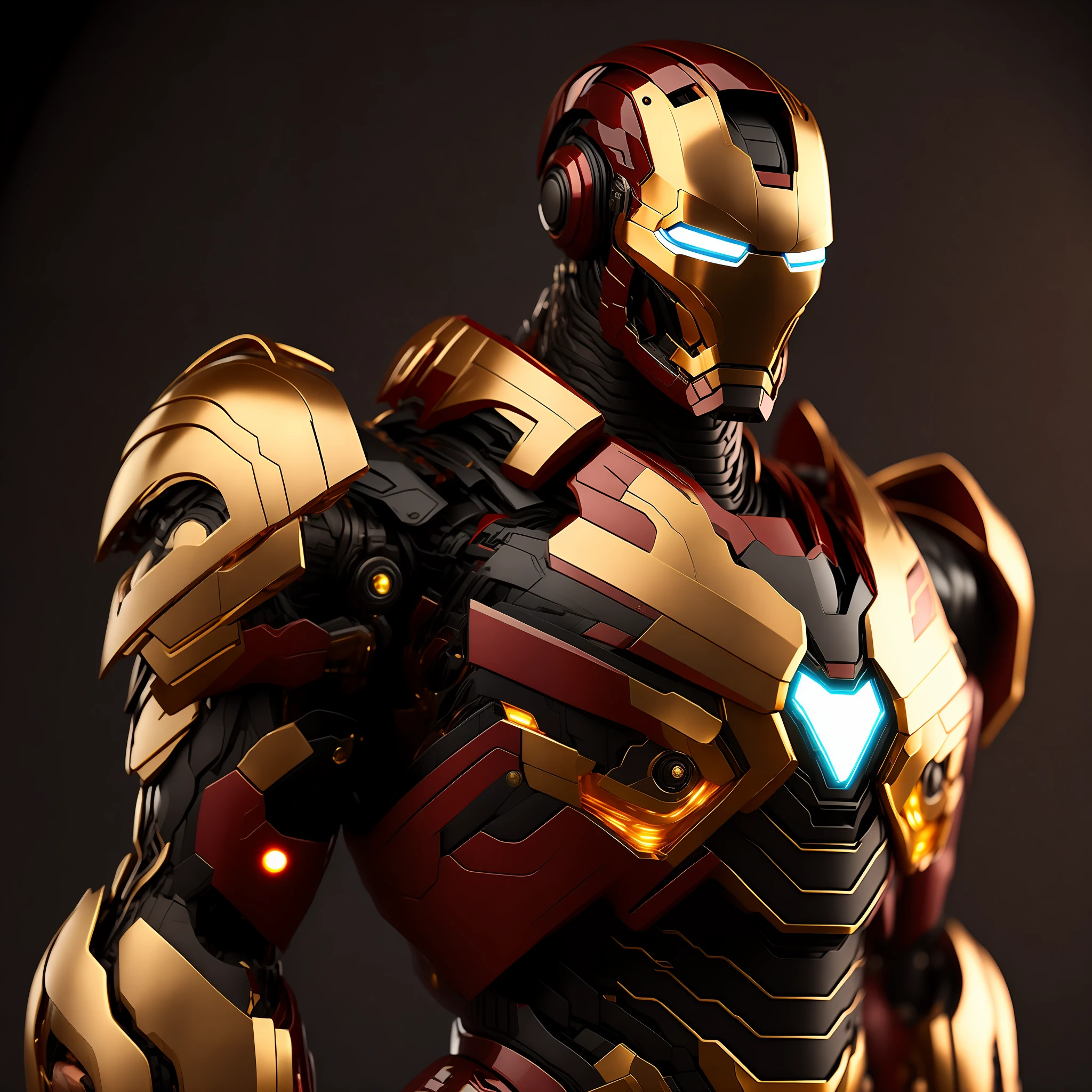 iron man suit, mecha suit, 8k, futuristic simple basic minimalist mechanical suit, black suit with gold accent, shining metal gold, photo realistic, high details, best quality.