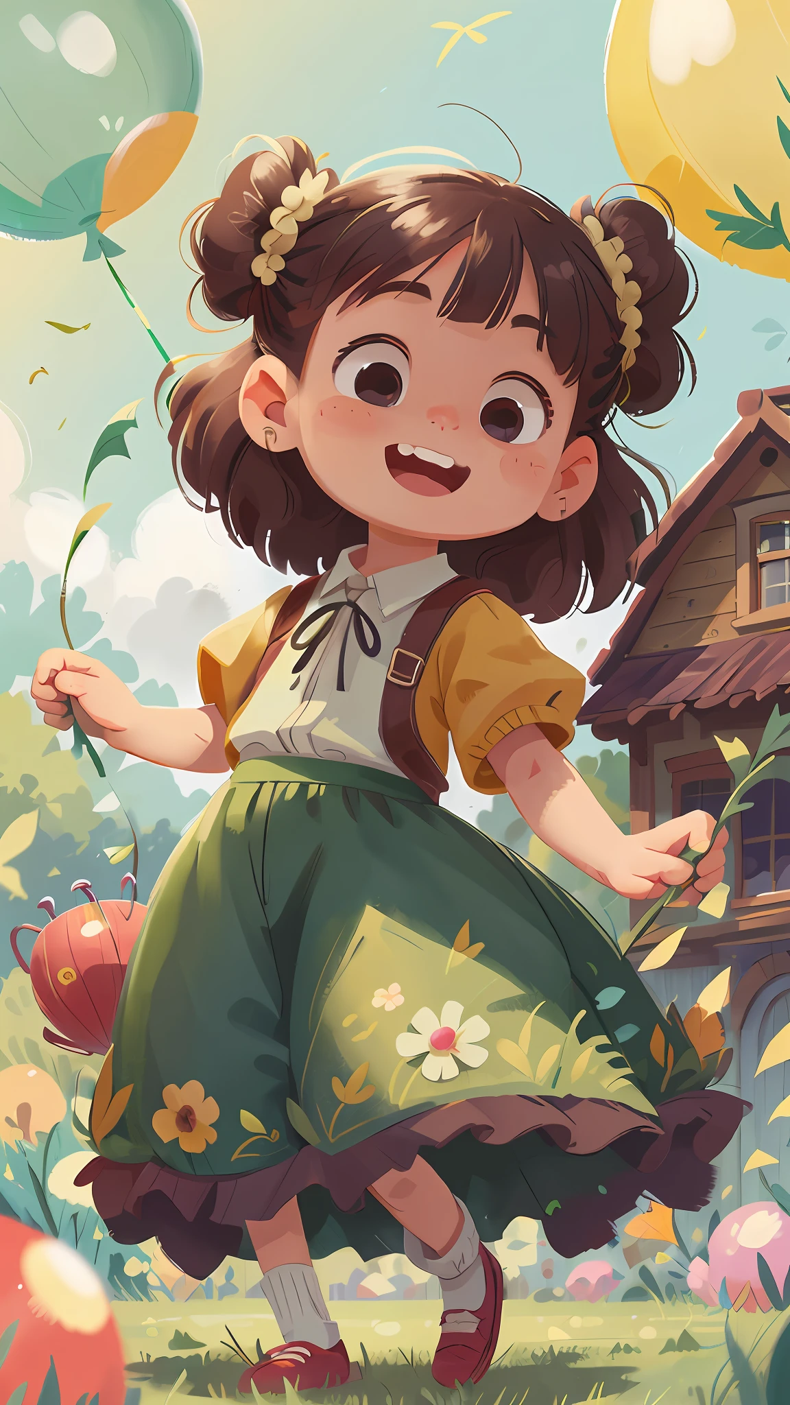 A girl with grass, dancing, holding a balloon, happy, happy, perfect quality, clear focus (mess-house: 0.8), (masterpiece: 1.2) (Realistic: 1.2) (Bokeh) (Best quality) (Detailed Skin: 1.3) (Intricate Details) (8K) (Detail Eyes) (Sharp Focus), (Happy) in Black and White coloring