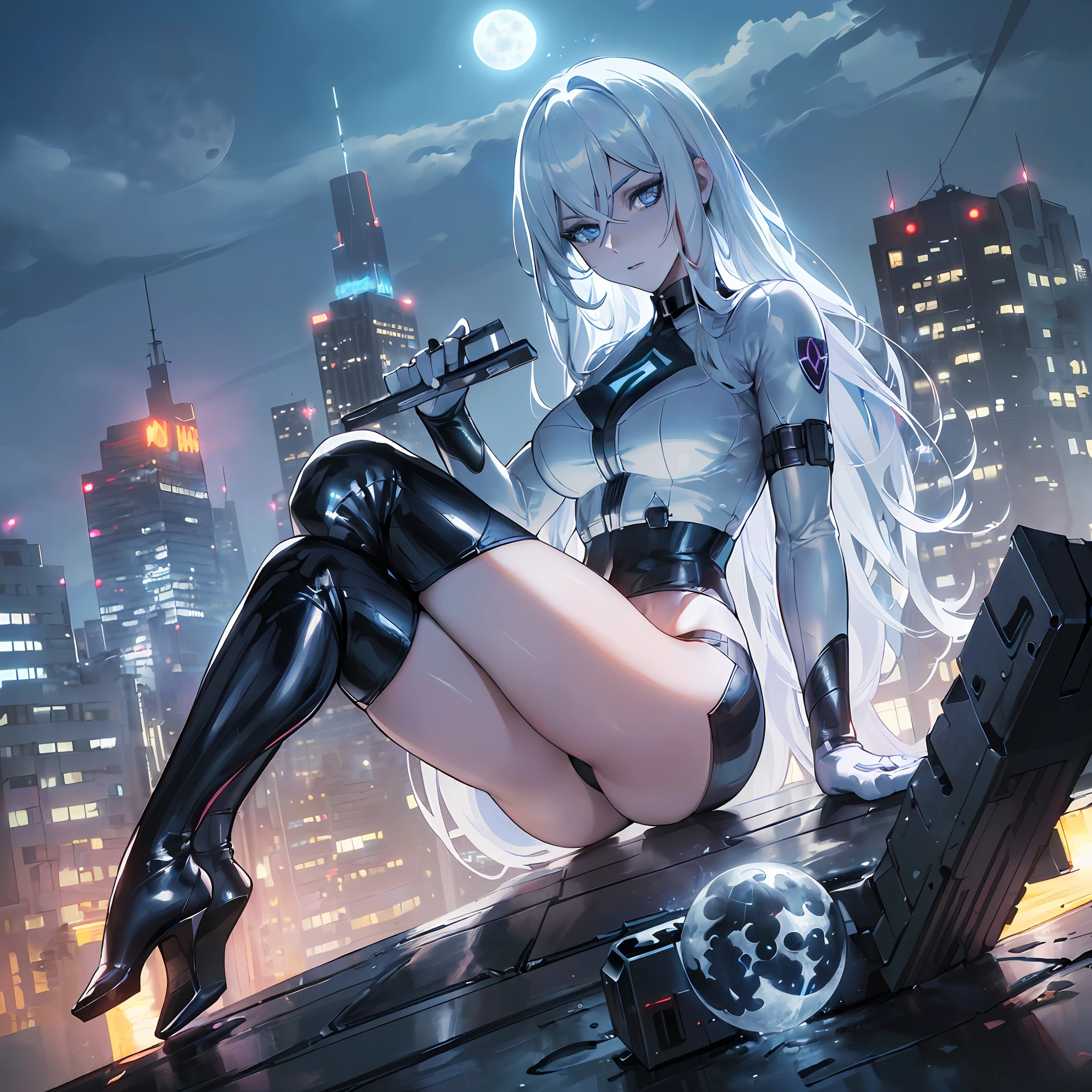 (Masterpiece, 8k resolution, ultra-realistic, very detailed), (White superhero theme, charismatic, there's a girl on top of town, wearing white widow costume from Absolute Comics, she's a superhero), ((25 years), (not so long blonde hair wavy blue locks:0.4), full body, (blue eyes:1.3), ((white widow pose, show of strength, ((urban setting):0.8)| (large cityscape, at night, dynamic lights, dynamic shadows), (full moon))], some details of a black symbiote in uniform like poison, perfect body, beautiful, beautiful face, small waist, elements of science fiction, dense fog, confident