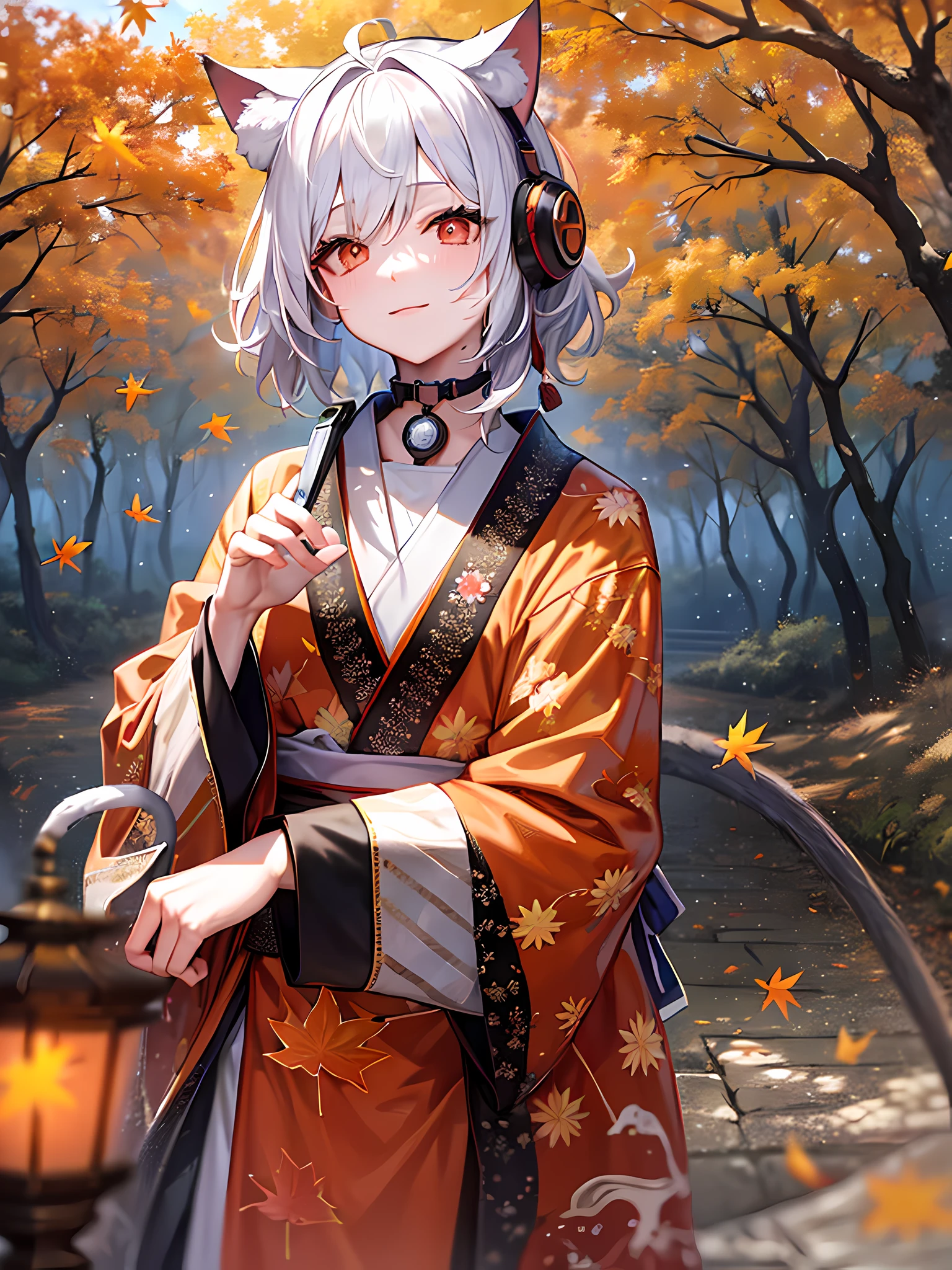 masterpiece, best quality,(1boy), beautiful eyes, red eyes, floating hair,forest, autumn, temple, japanese forest, looking at viewer, standing, cloud, bird, reaching out, light smile,male focus,silver hair, red strand, long strands,beautiful eyes, the man,cat ears,looking at viewer, expressionless, naked, sunlight, enchanted, nature, Maple trees,floating maple leaf, light particles, cloudy sky, orange sky, wind, maple leaves, Japanese orange kimono with maple leaves,,headphones, black choker, necklac ,back turned, panty tug