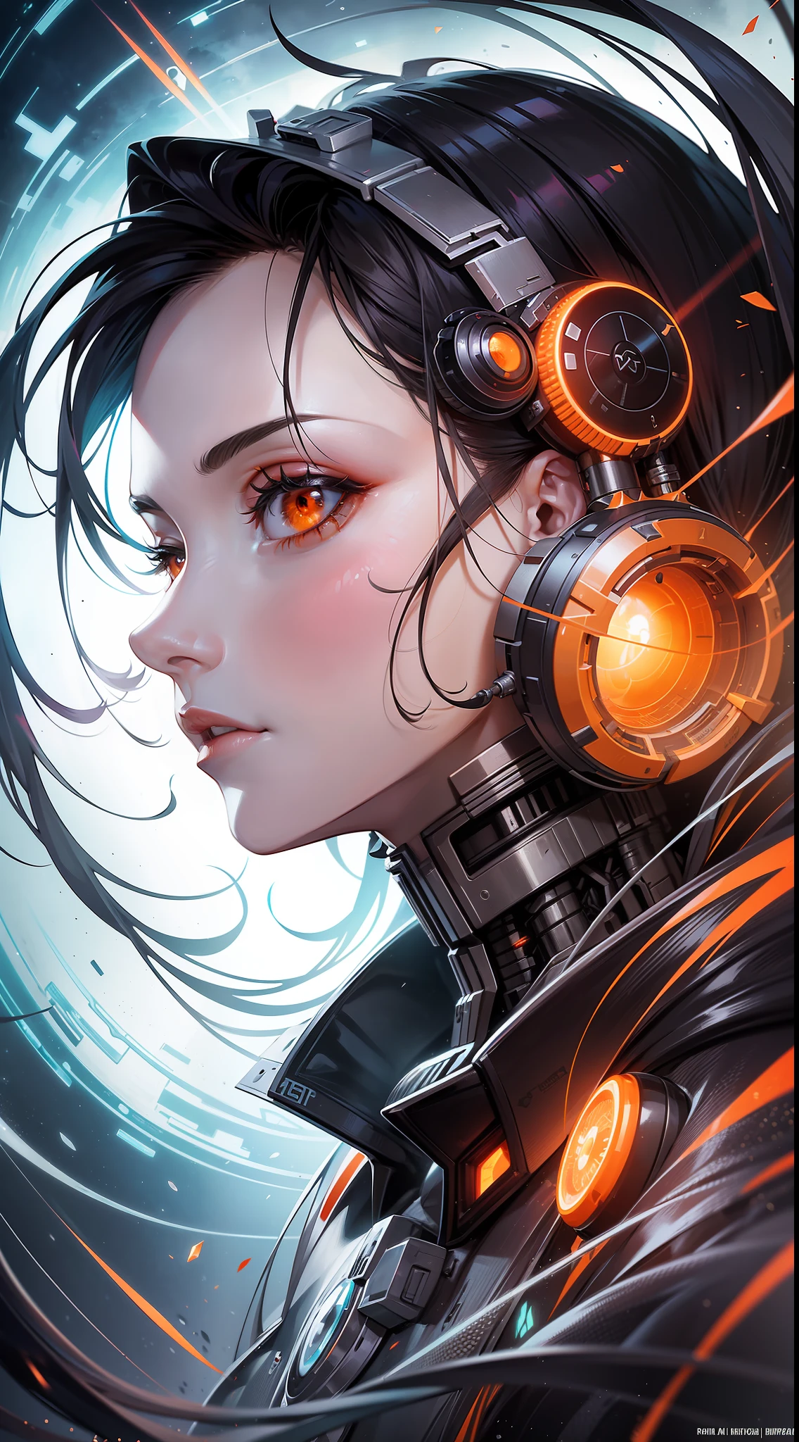 Generate a hyperrealistic close-up portrait of a beautiful cyborg with orange and white elements, rendered in a stunning artistic style reminiscent of Simon Prades, Huang Guangjian, Russ Mills, and Shaun Ryken. The scene should feature a trippy sci-fi art brain in the background, with a celestial ambiance. The image should be in UHD resolution (8k) and exhibit heavy metal editorial art elements, with a complex and hyper-detailed composition. Inspired by the modern surrealistic masterpiece by Dan Mumford.